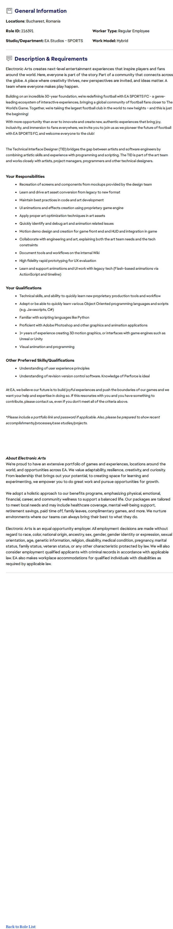 ElectronicArts Technical Interface Designer @ EA Sports FC 채용공고