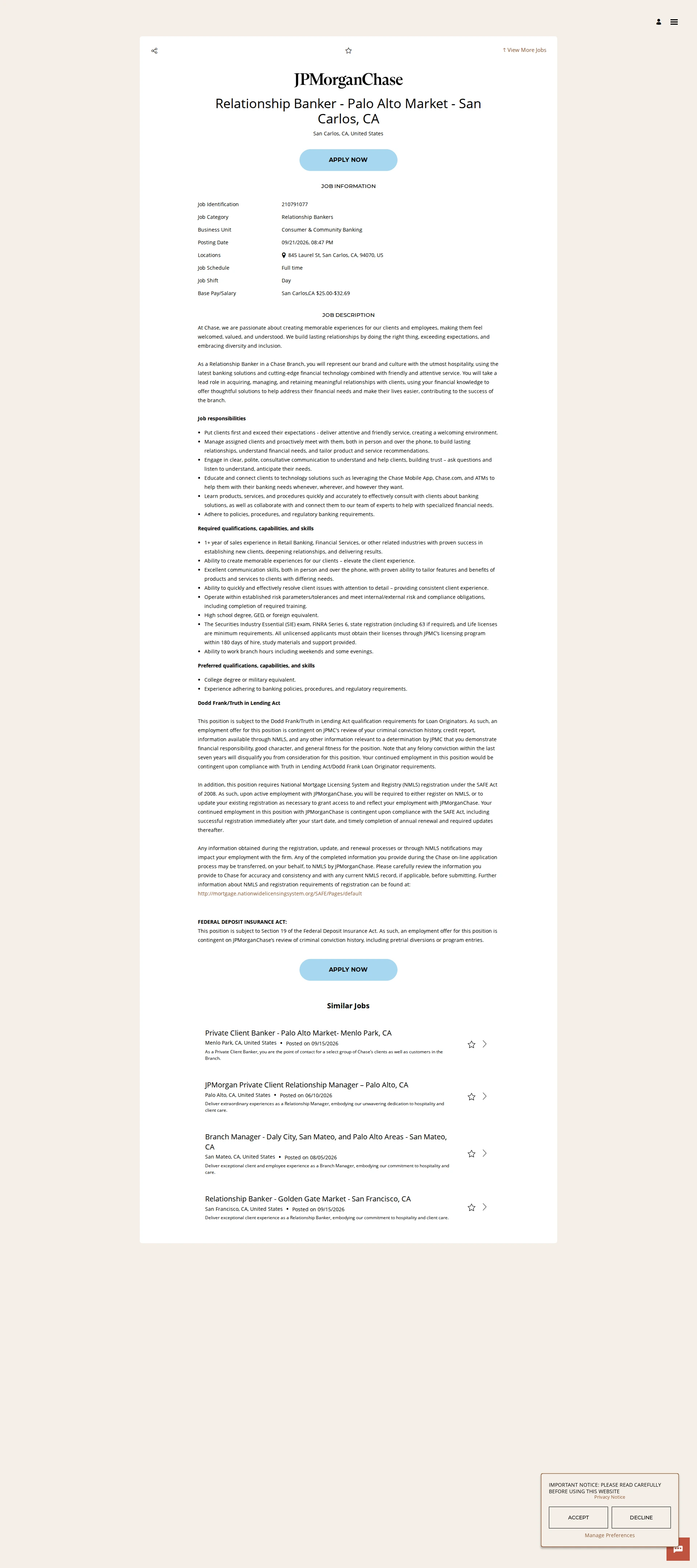 JPMorganChase Relationship Banker - Palo Alto Market - San Carlos, CA 채용공고