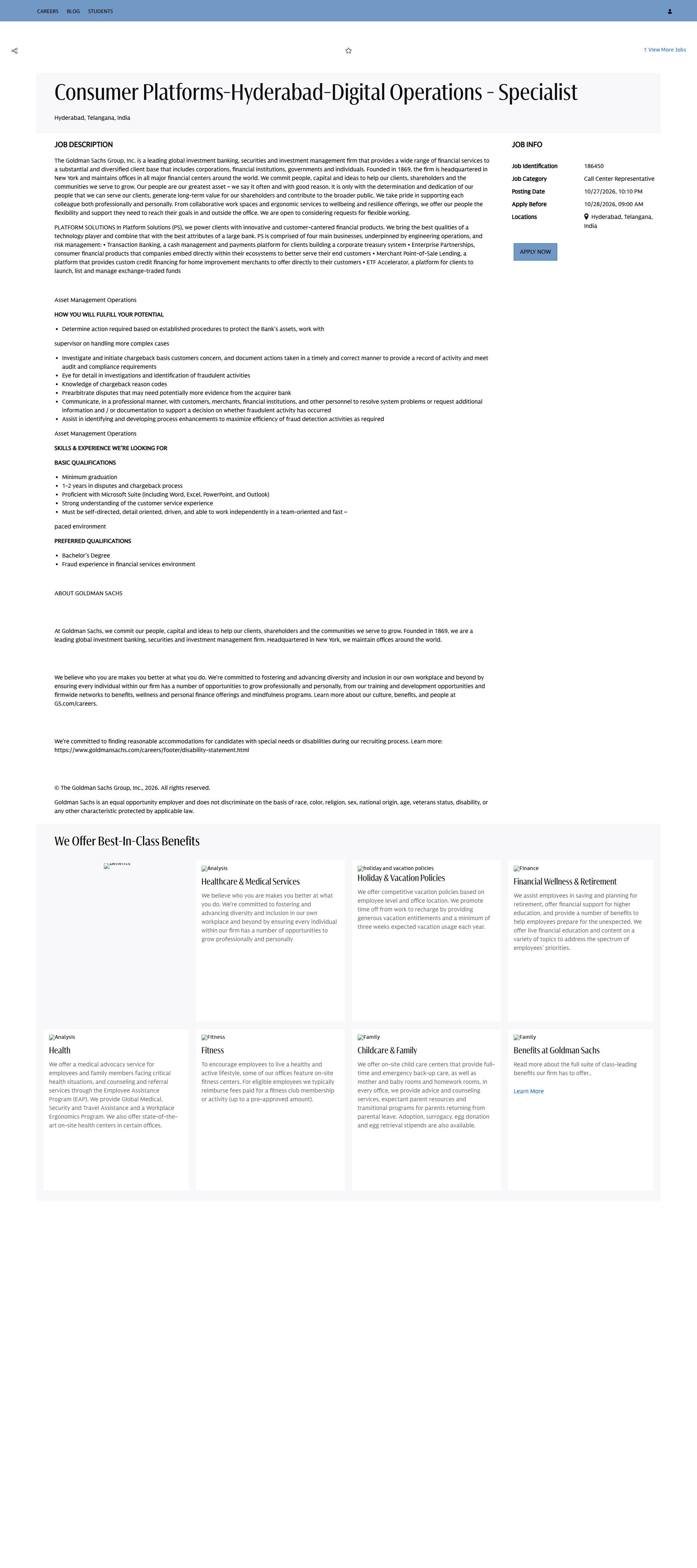 골드만삭스 Consumer Platforms-Hyderabad-Digital Operations - Specialist 채용공고