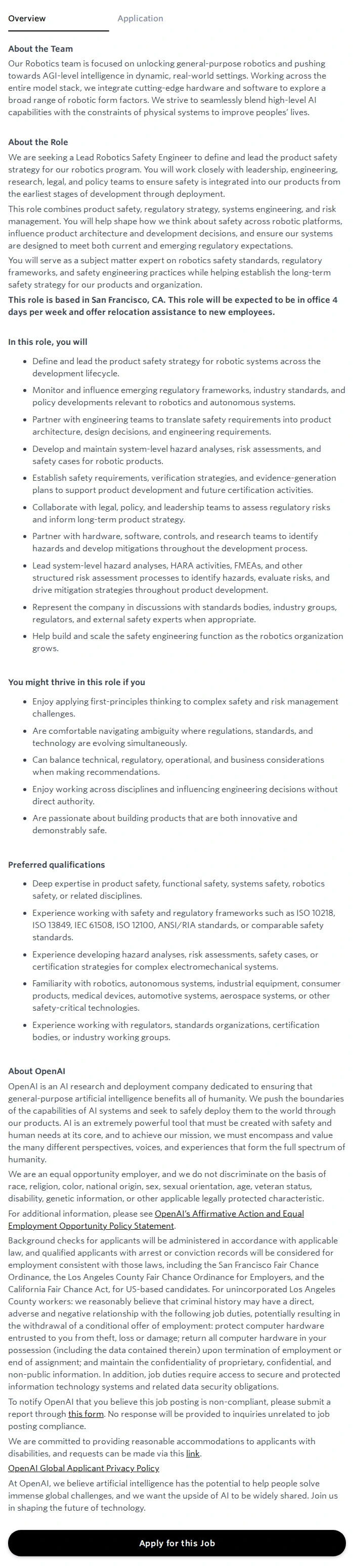 오픈에이아이(OpenAI) Lead Safety Engineer, Robotics 채용공고