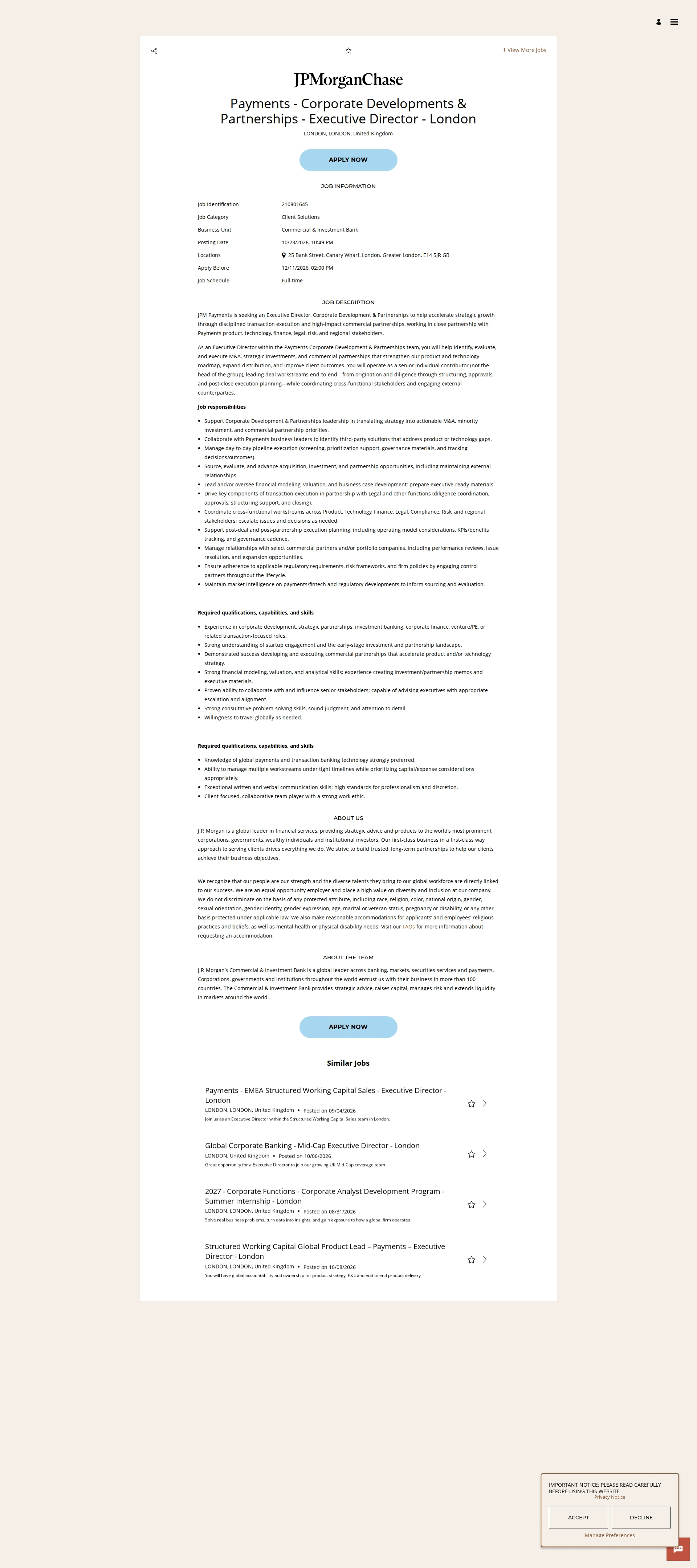 JPMorganChase Payments - Corporate Developments & Partnerships  - Executive Director - London 채용공고