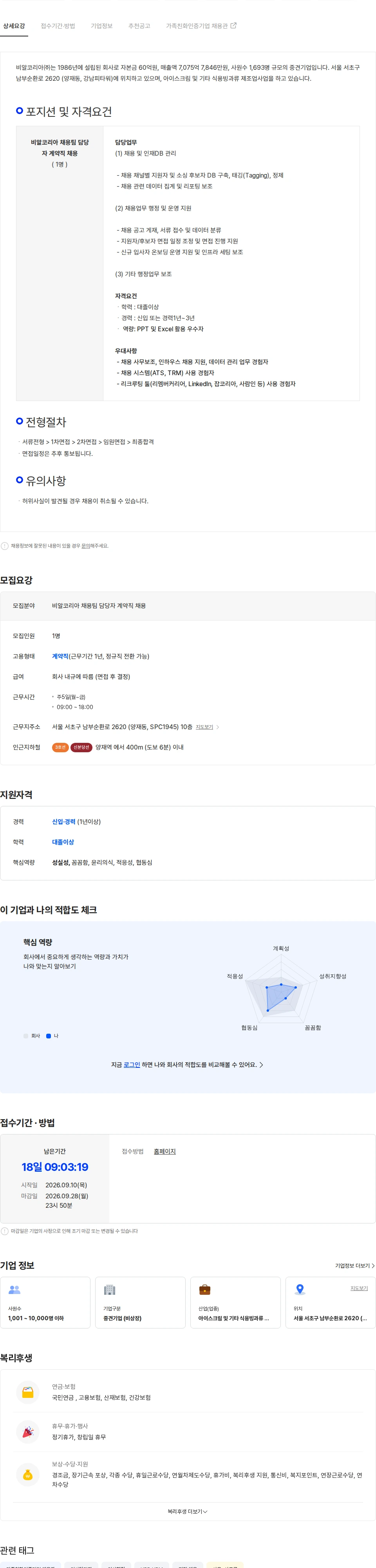 SPC비알코리아 [비알코리아] 채용팀 담당자 (계약직) 채용 채용공고
