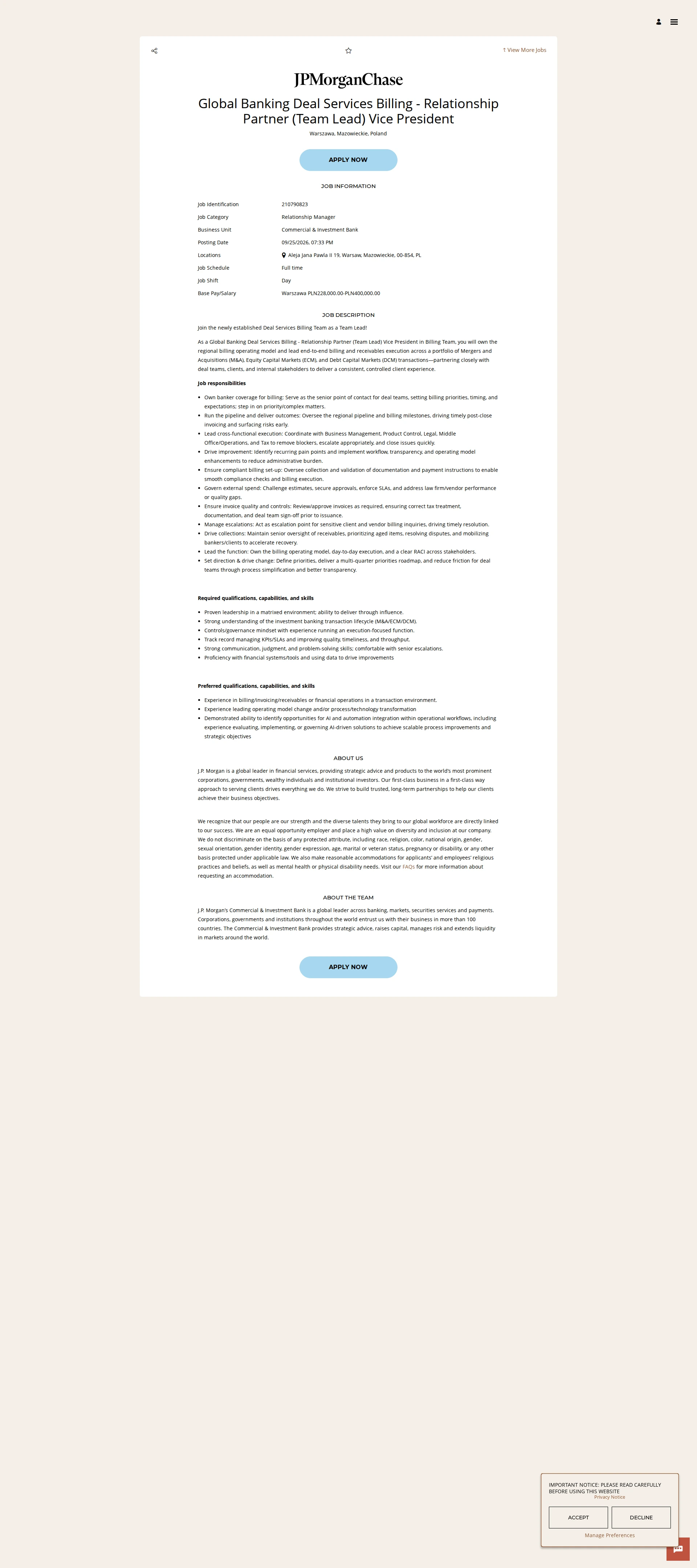 JPMorganChase Global Banking Deal Services Billing - Relationship Partner (Team Lead) Vice President 채용공고