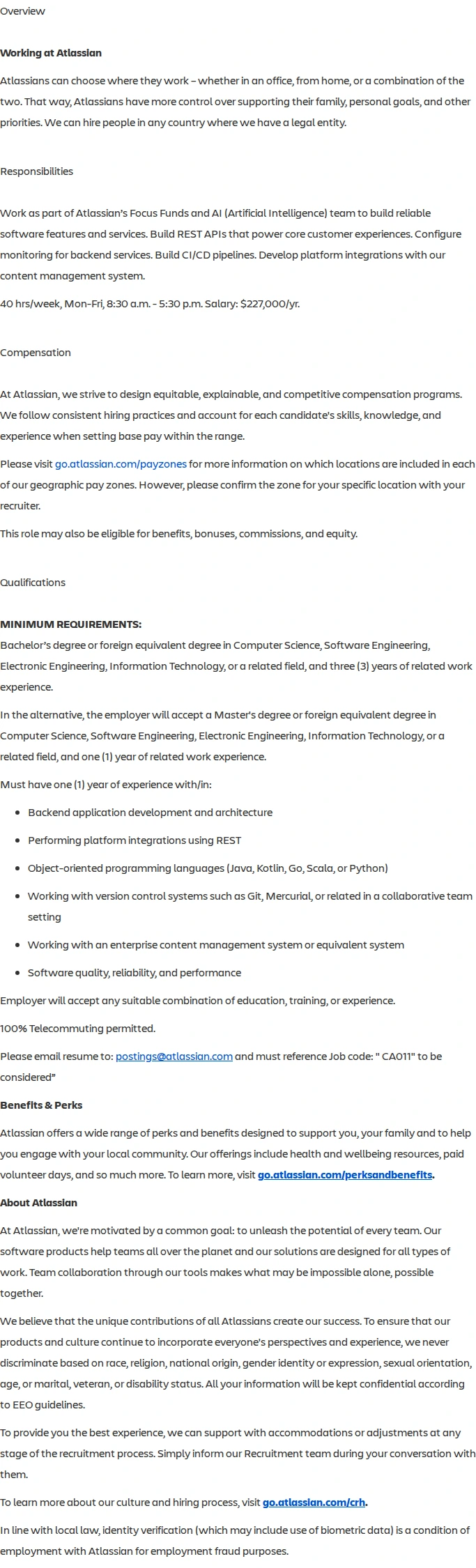 아틀라시안 Backend Software Engineer - Focus Funds and AI 채용공고