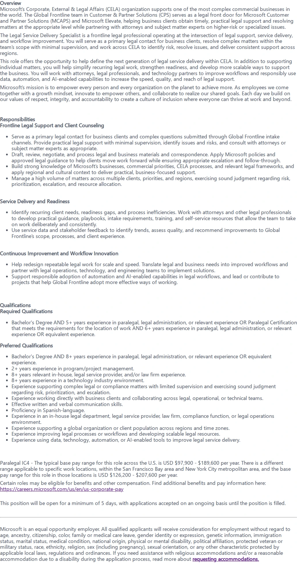 마이크로소프트(Microsoft) Legal Service Delivery Specialist, Global Frontline 채용공고