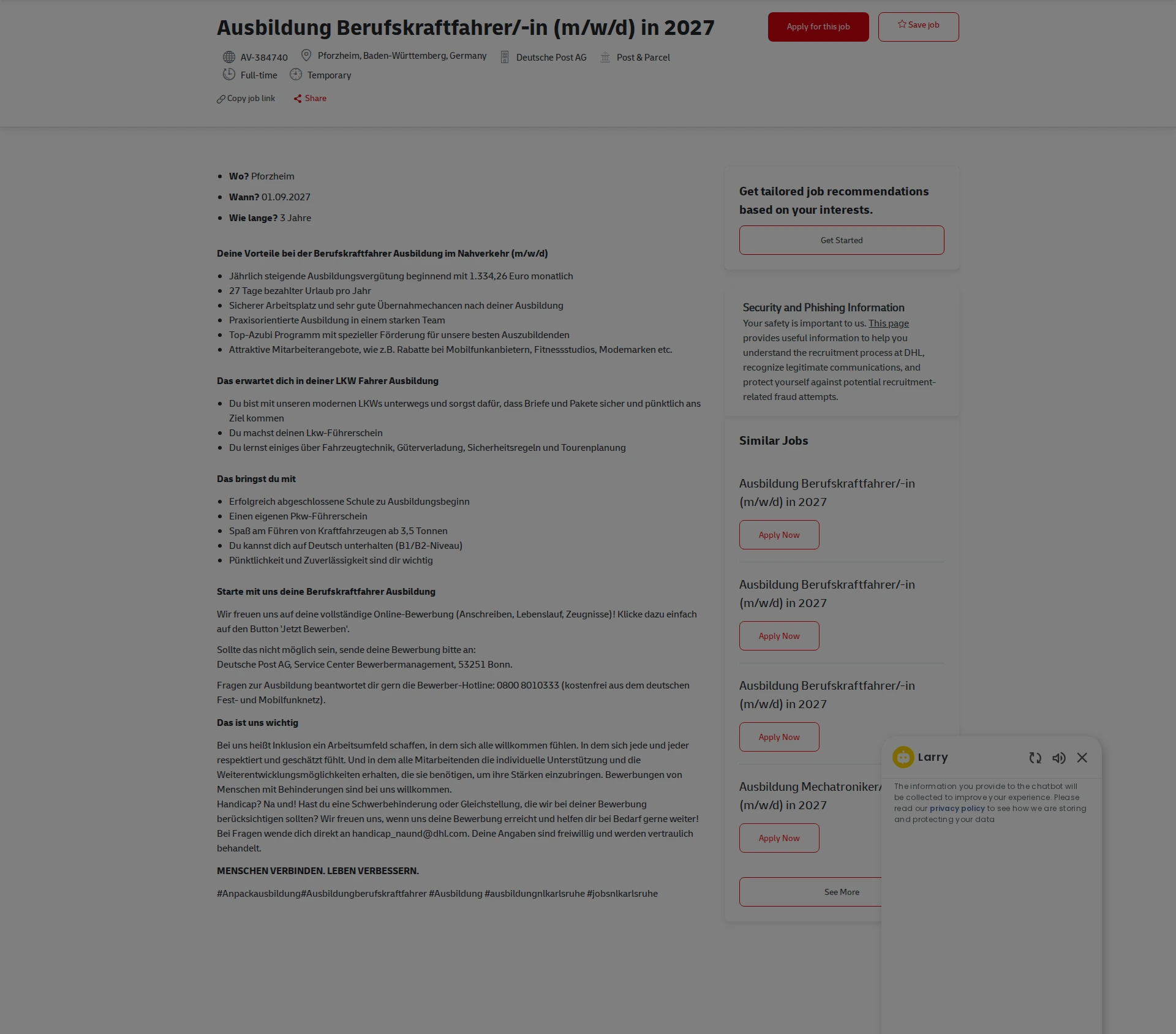 DHL Ausbildung Berufskraftfahrer/-in (m/w/d) in 2027 채용공고