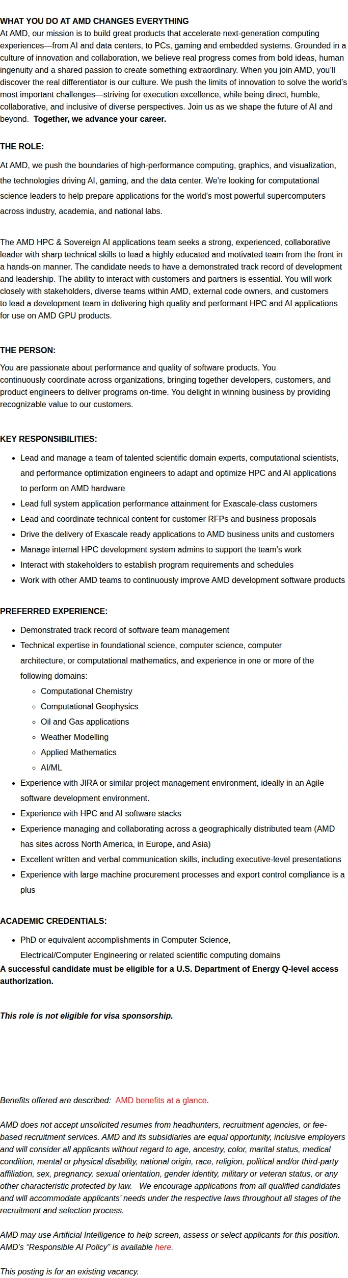 AMD Senior Manager - HPC & AI System Application Performance Engineering 채용공고