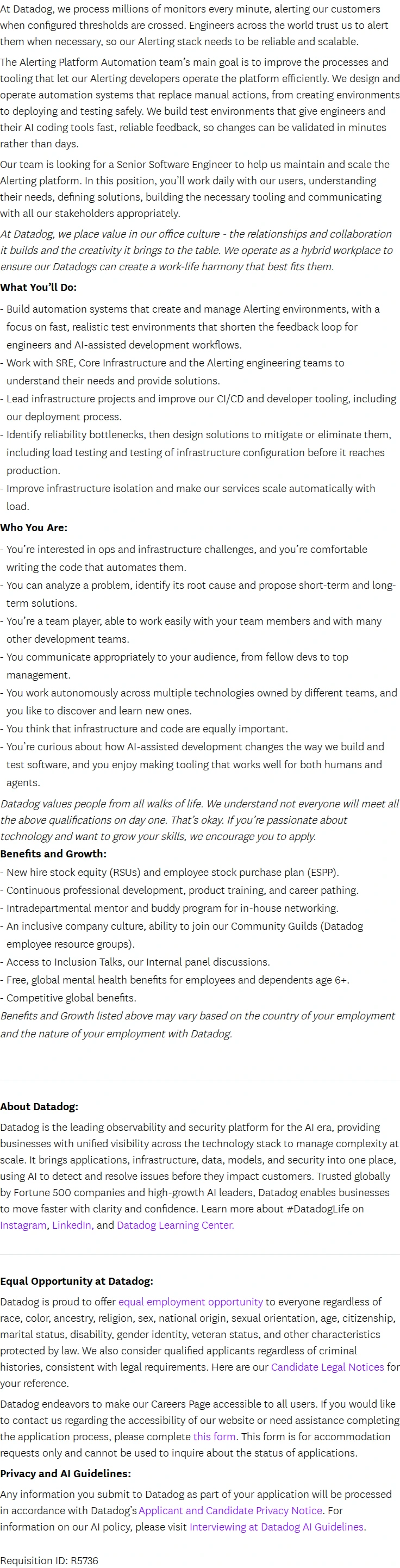데이터독 Senior Software Engineer - Alerting Platform Automation 채용공고