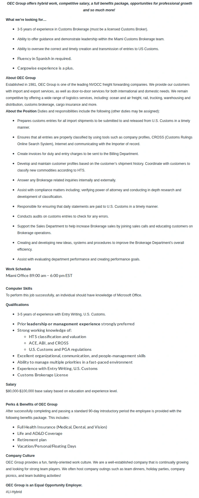 OEC Group Customs Brokerage Assistant Manager 채용공고