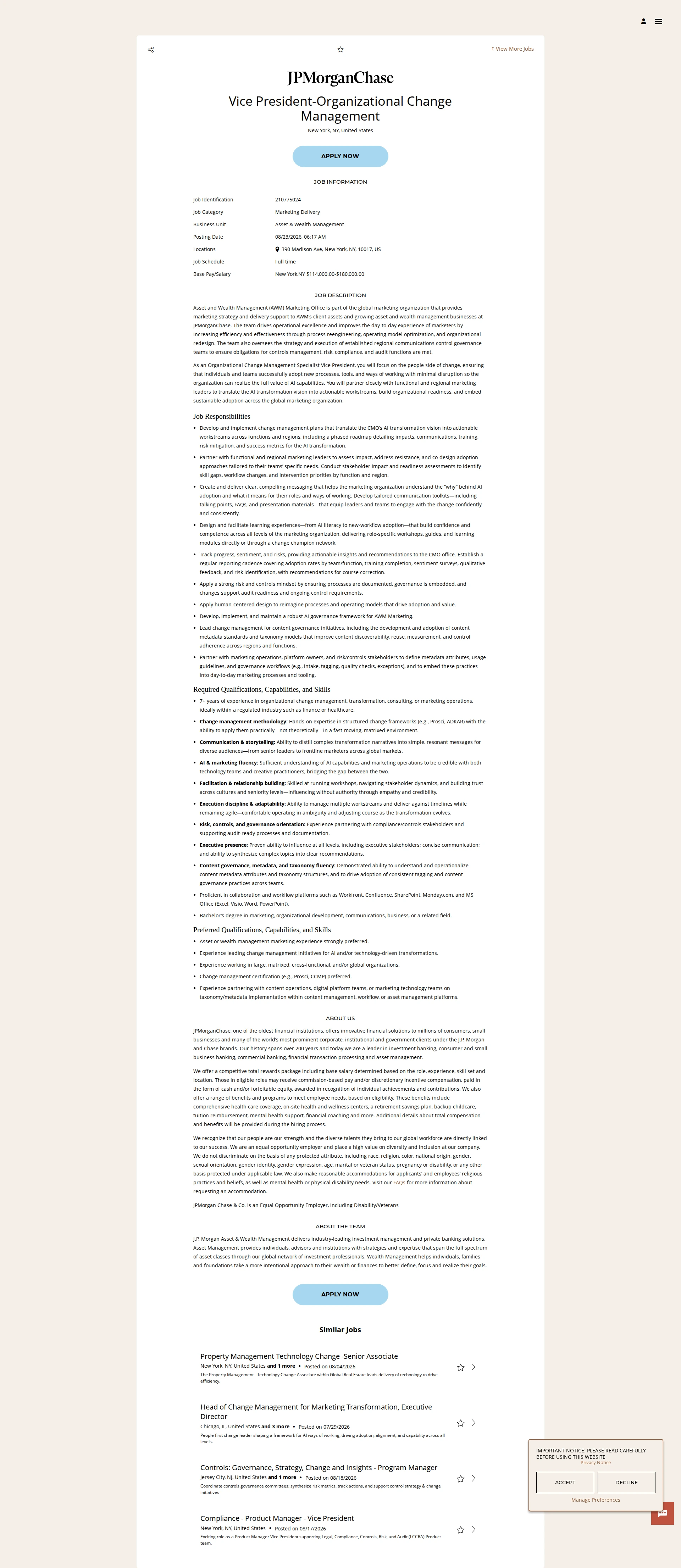 JPMorganChase Vice President-Organizational Change Management 채용공고