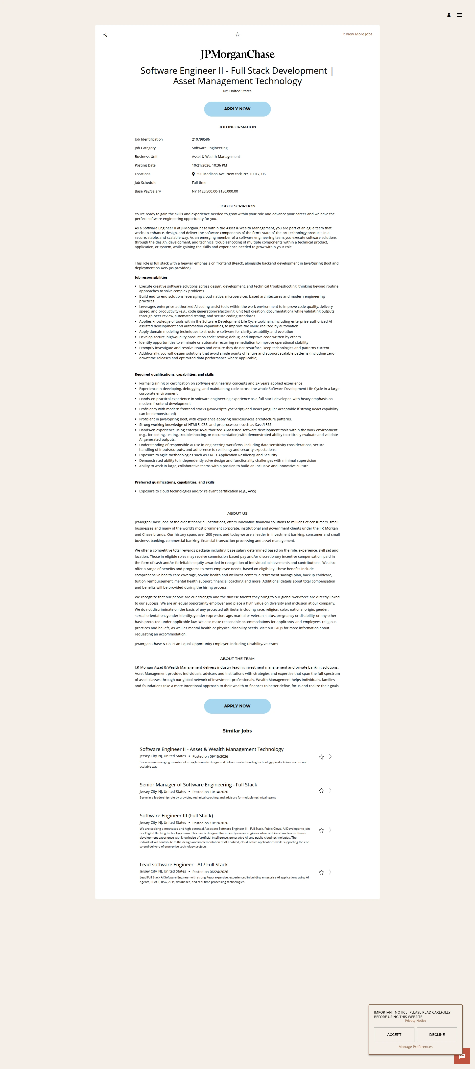 JPMorganChase Software Engineer II - Full Stack Development | Asset Management Technology 채용공고
