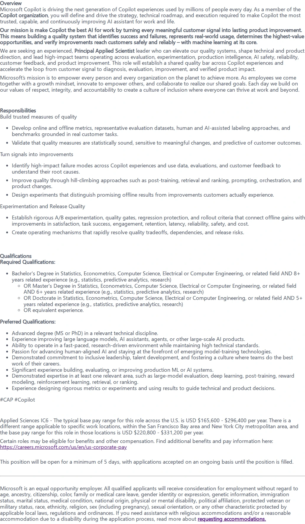 마이크로소프트(Microsoft) Principal Applied Scientist - Copilot Quality 채용공고