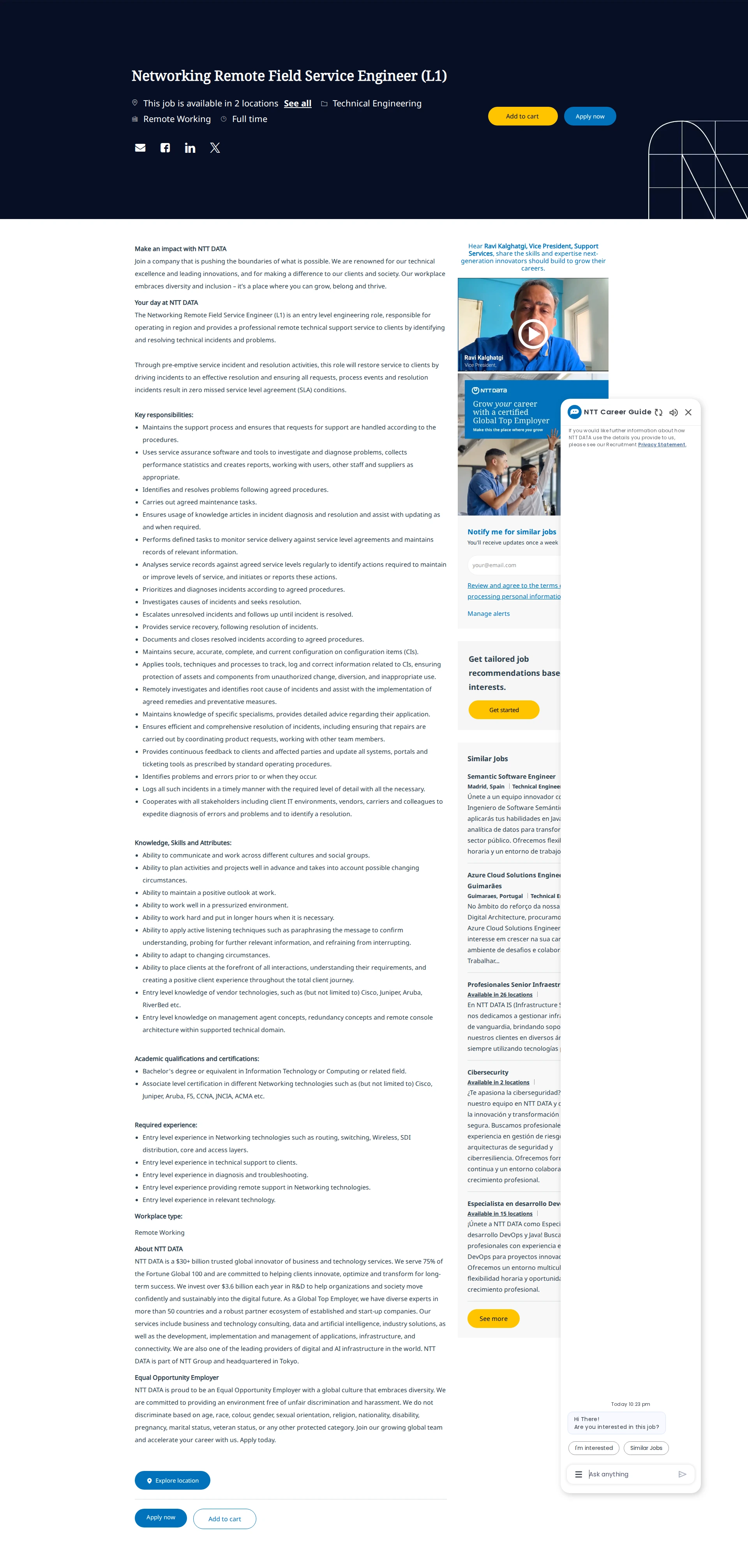 NTT데이터 Networking Remote Field Service Engineer (L1) 채용공고