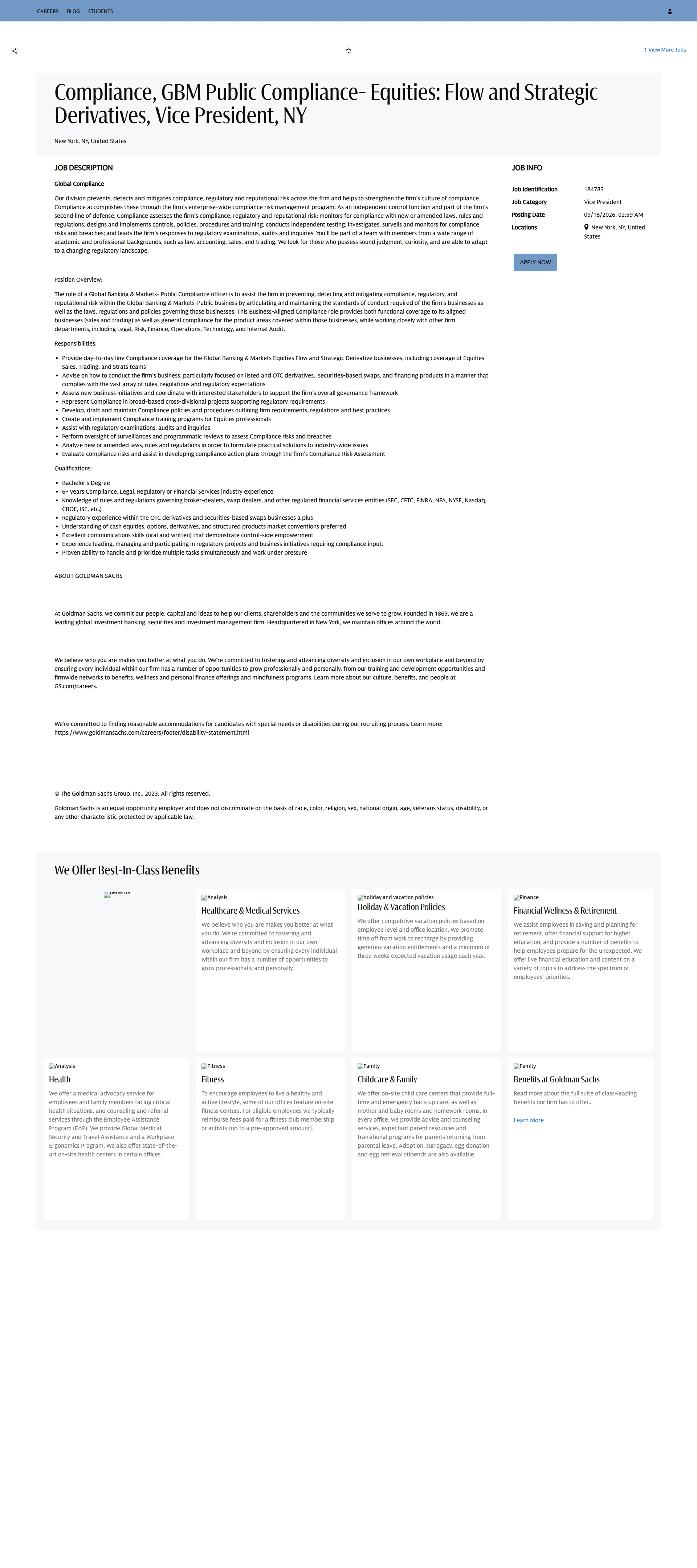 골드만삭스 Compliance, GBM Public Compliance- Equities: Flow and Strategic Derivatives, Vice President, NY 채용공고