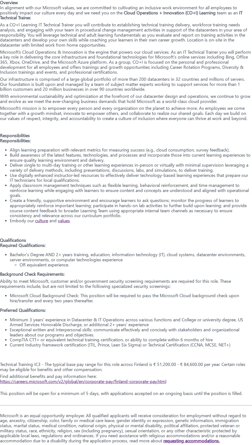 마이크로소프트(Microsoft) IT Technical Trainer 채용공고