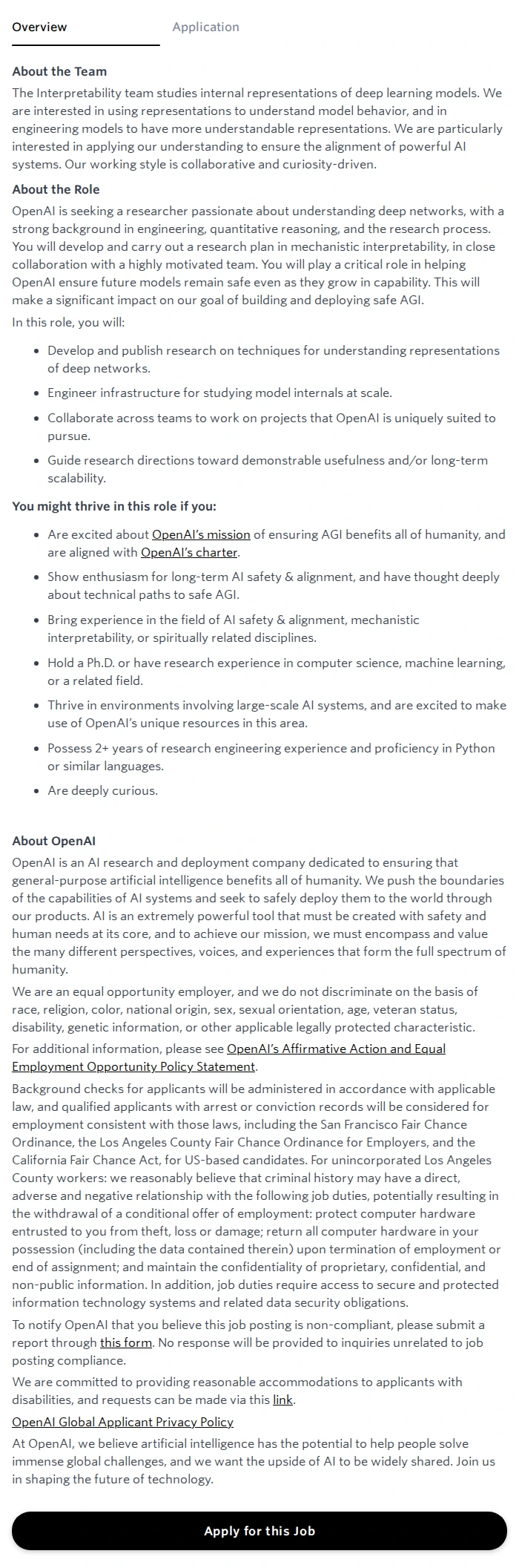 오픈에이아이(OpenAI) Researcher, Alignment Interpretability 채용공고