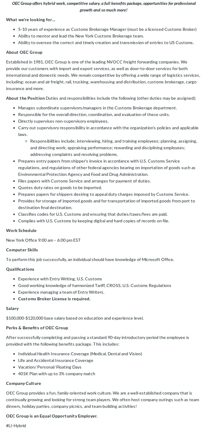 OEC Group Customs Brokerage Manager 채용공고