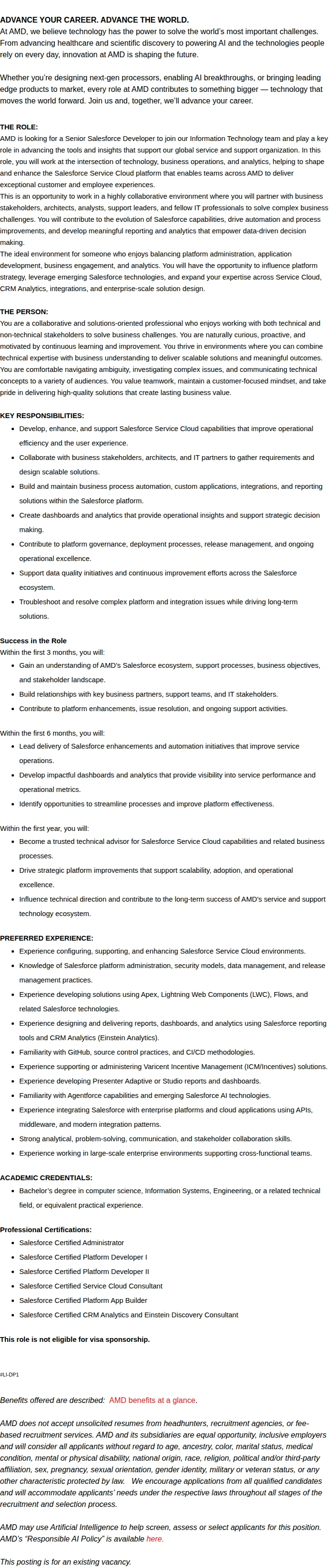 AMD Sr Salesforce Service Cloud Developer 채용공고