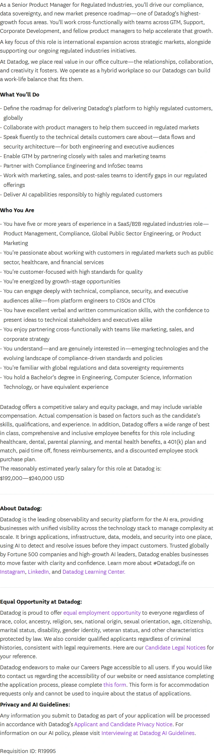 데이터독 Senior Product Manager - Regulated Industries, Data Center and New Market Expansions 채용공고