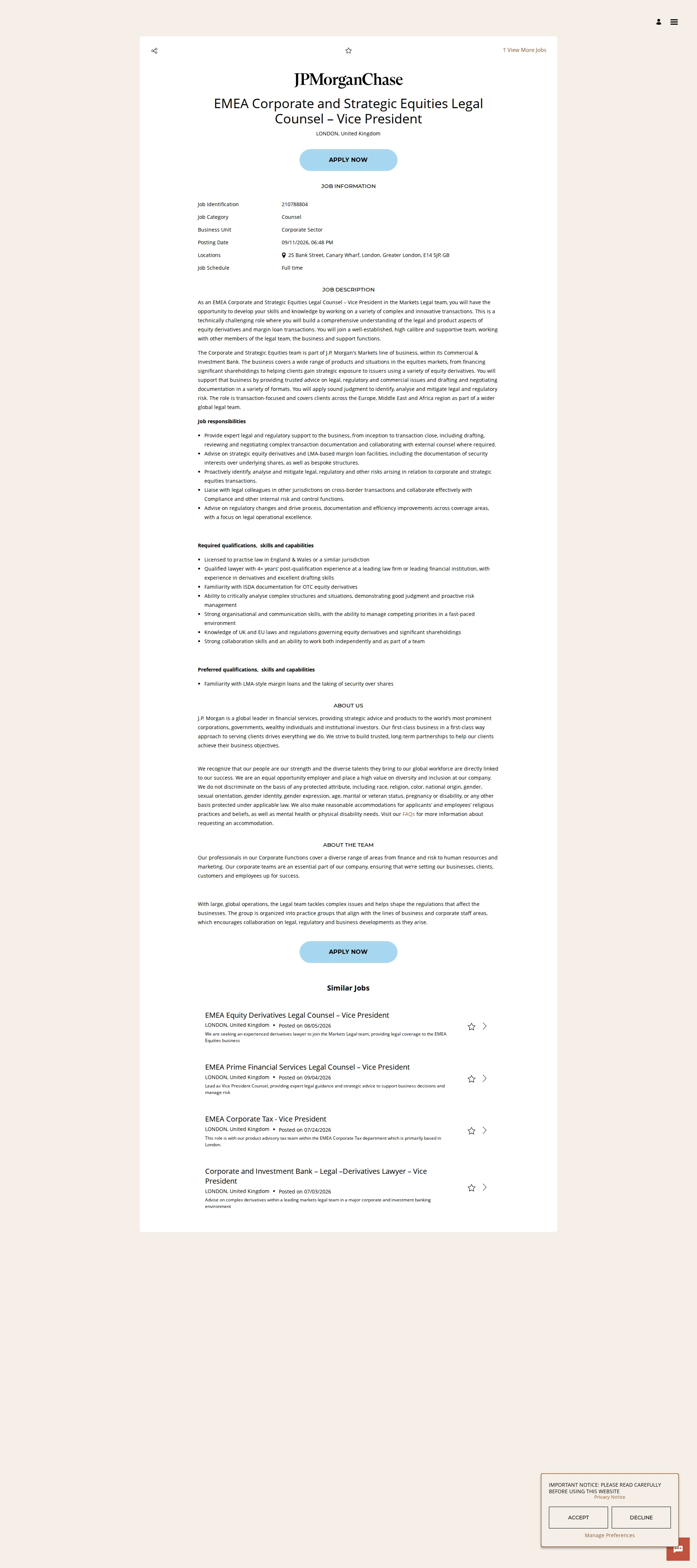 JPMorganChase EMEA Corporate and Strategic Equities Legal Counsel – Vice President 채용공고