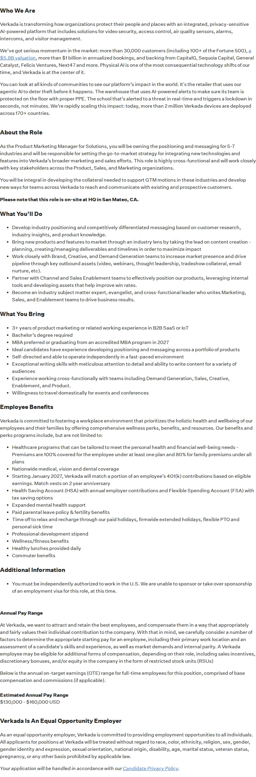 버카다 Product Marketing Manager, Solutions 채용공고