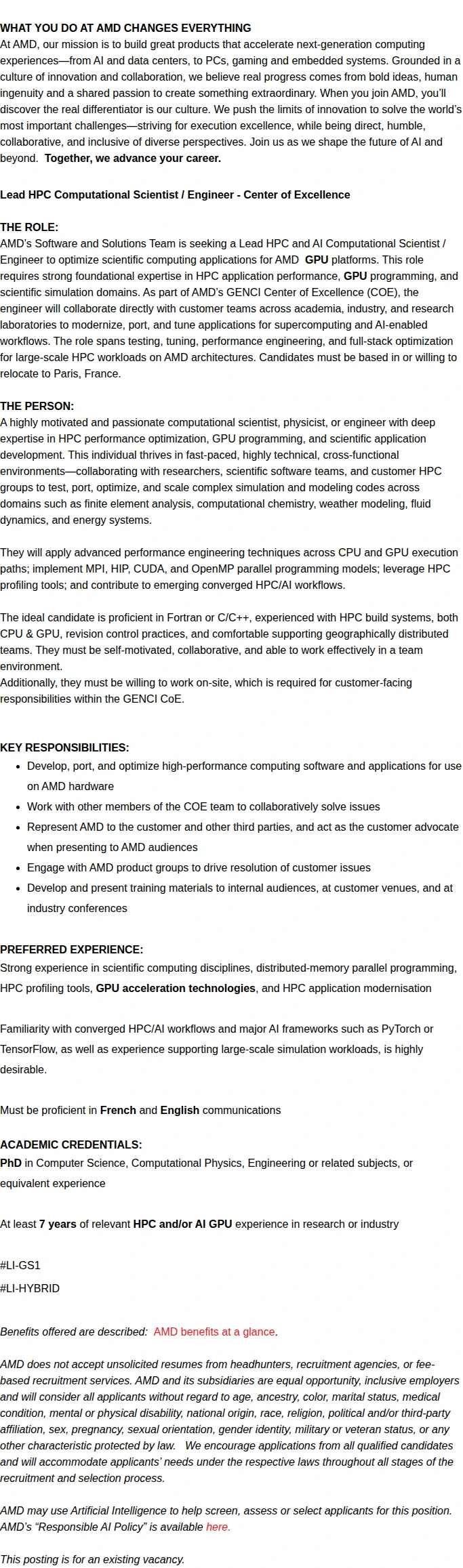 AMD Lead HPC/AI Computational Scientist / Engineer - Center of Excellence 채용공고