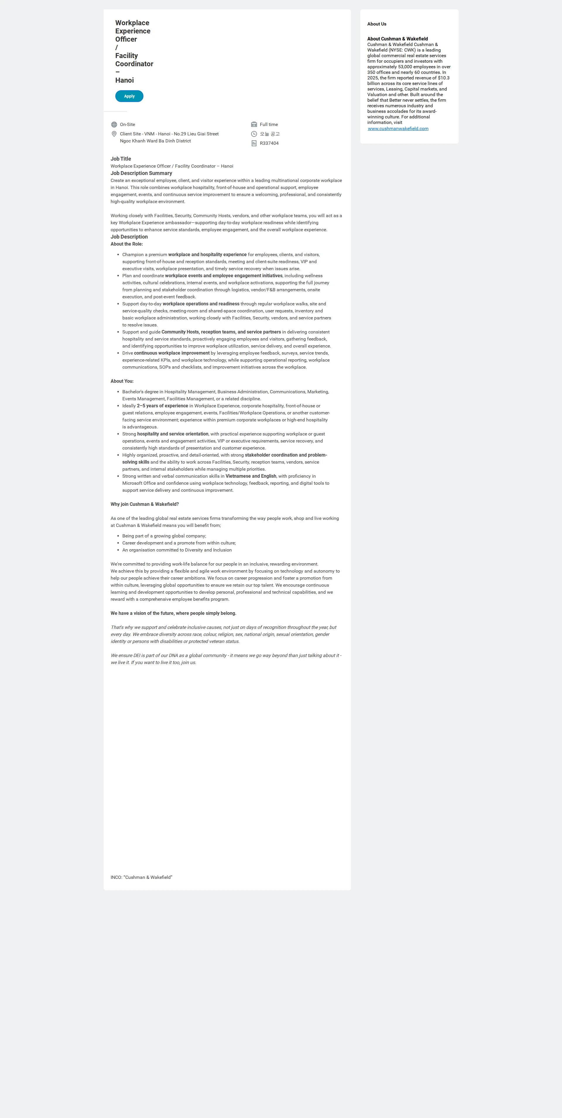 쿠시먼앤드웨이크필드 Workplace Experience Officer / Facility Coordinator – Hanoi 채용공고