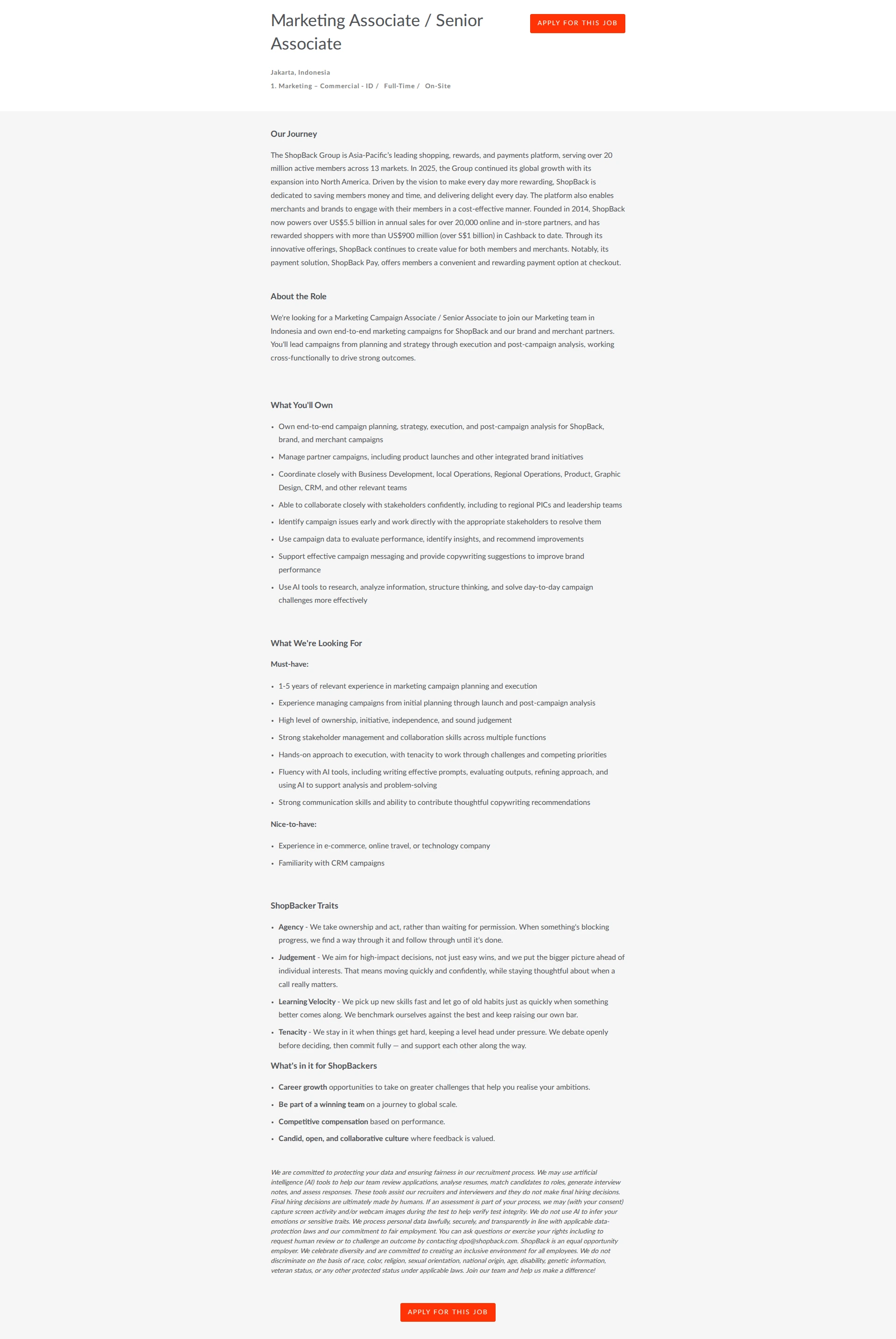 샵백 Marketing Associate / Senior Associate 채용공고