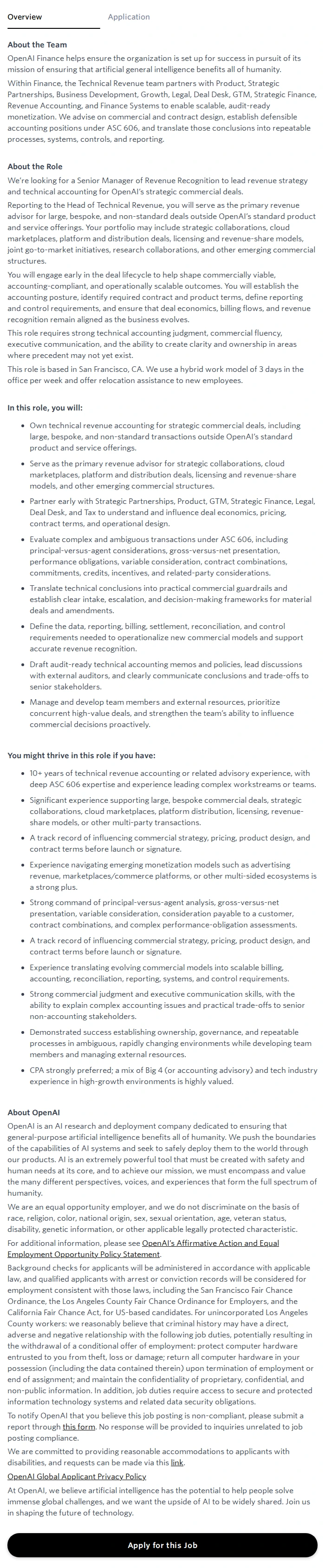 오픈에이아이(OpenAI) Senior Manager, Revenue Recognition - Strategic Deals 채용공고