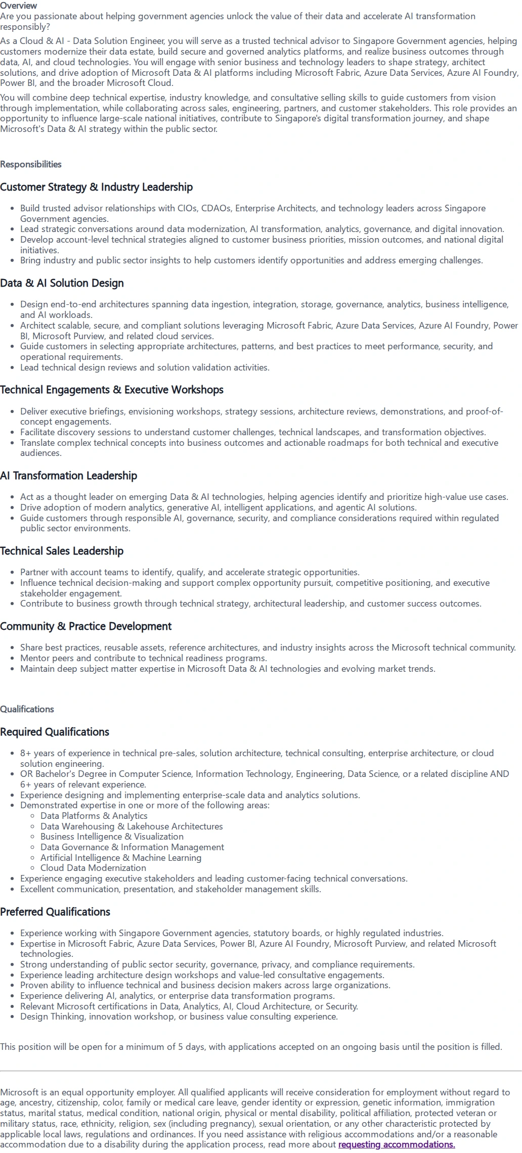 마이크로소프트(Microsoft) Solution Engineer -Cloud & AI 채용공고