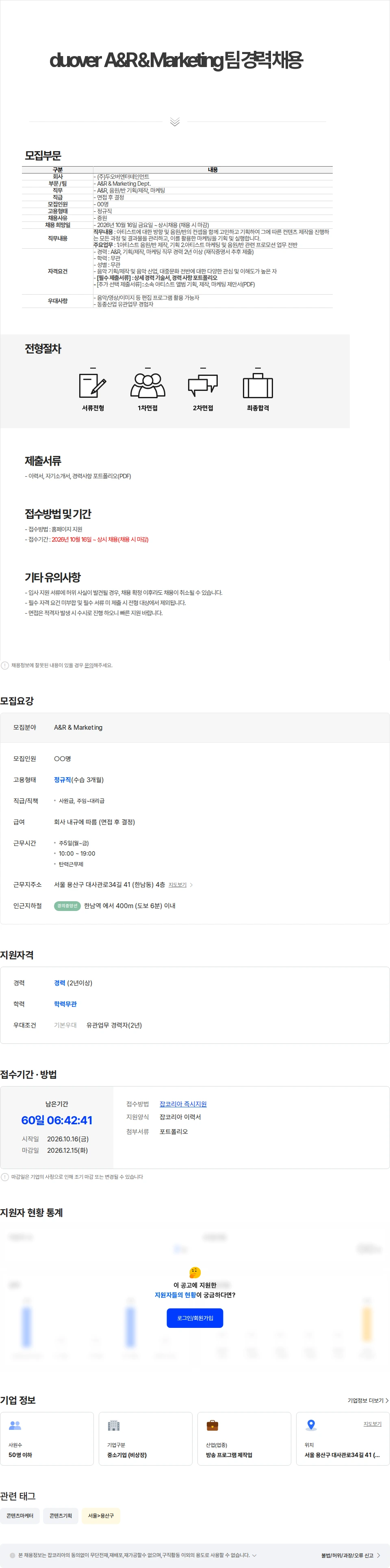 두오버엔터테인먼트 duover A&R & Marketing팀  경력직  채용 채용공고