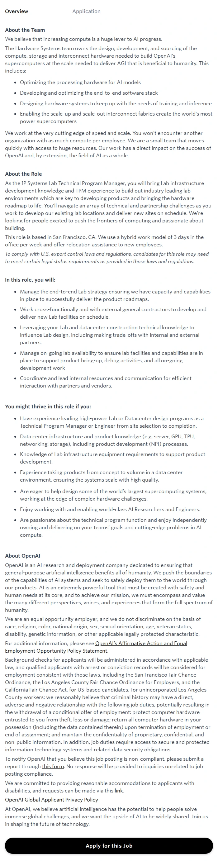 오픈에이아이(OpenAI) Technical Program Manager, Lab Infrastructure (Silicon & Systems) 채용공고