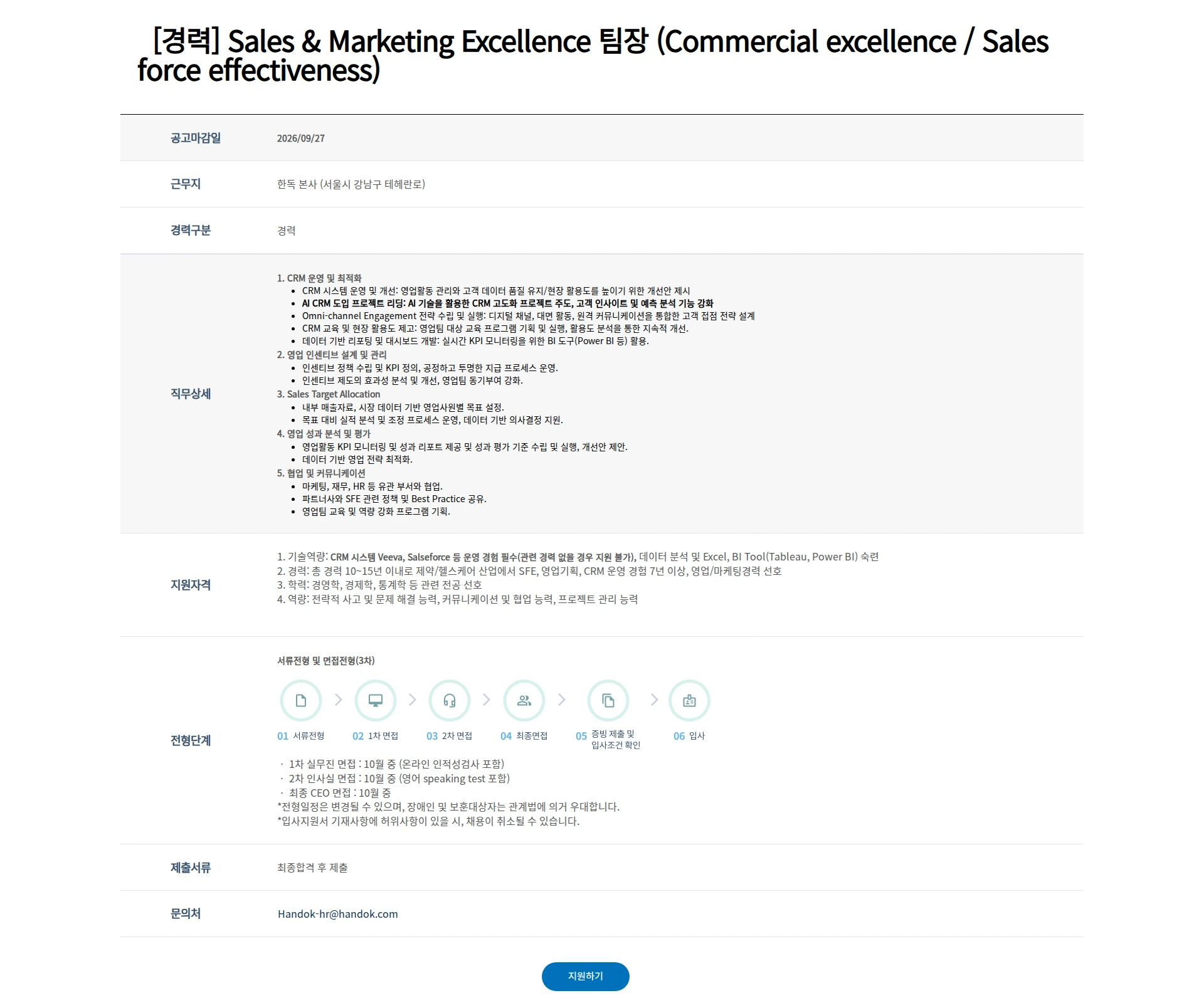 한독 [경력] Sales & Marketing Excellence 팀장 (Commercial excellence / Sales force effectiveness) 채용공고