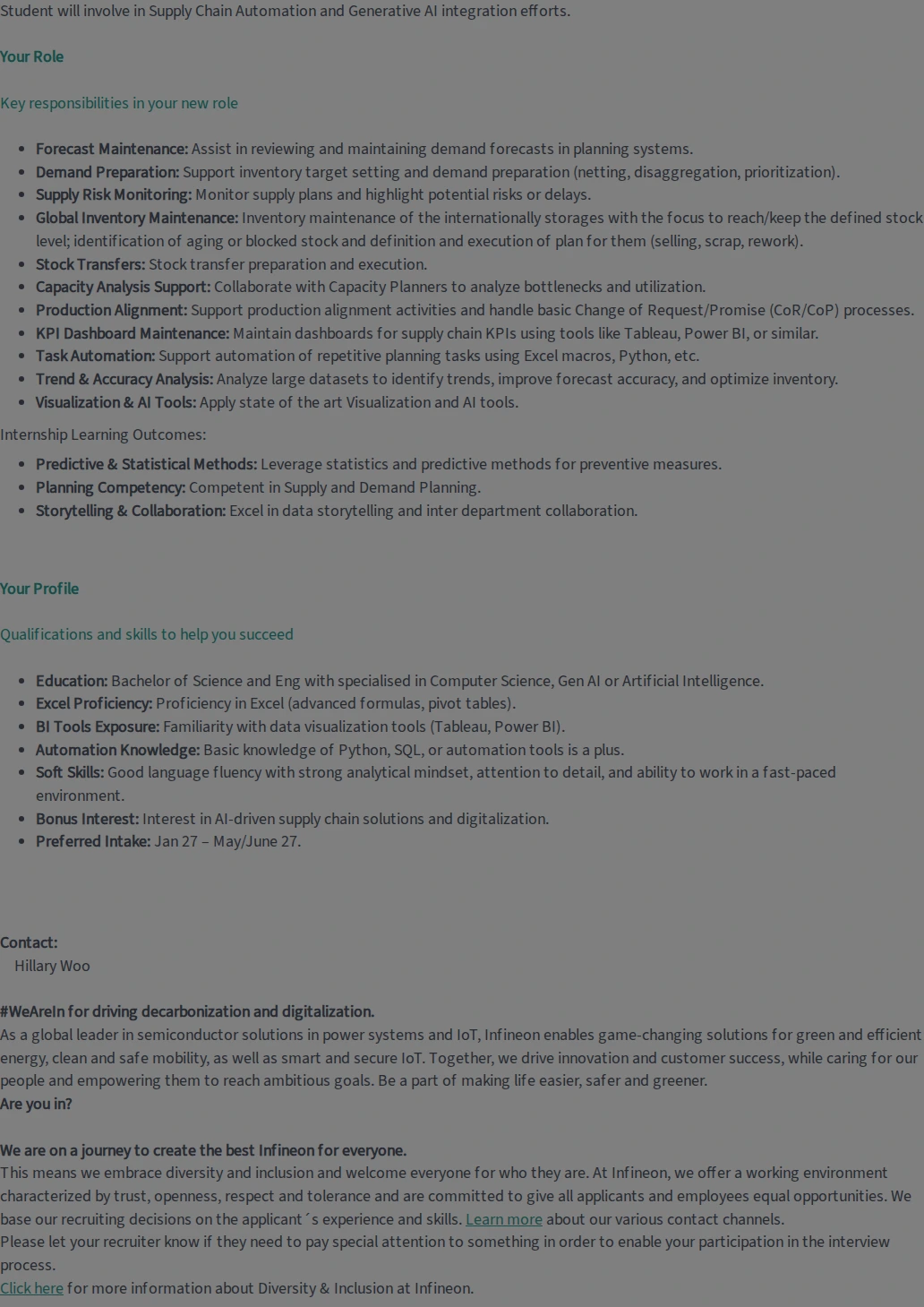 인피니언 Internship - Supply Chain Analyst 채용공고