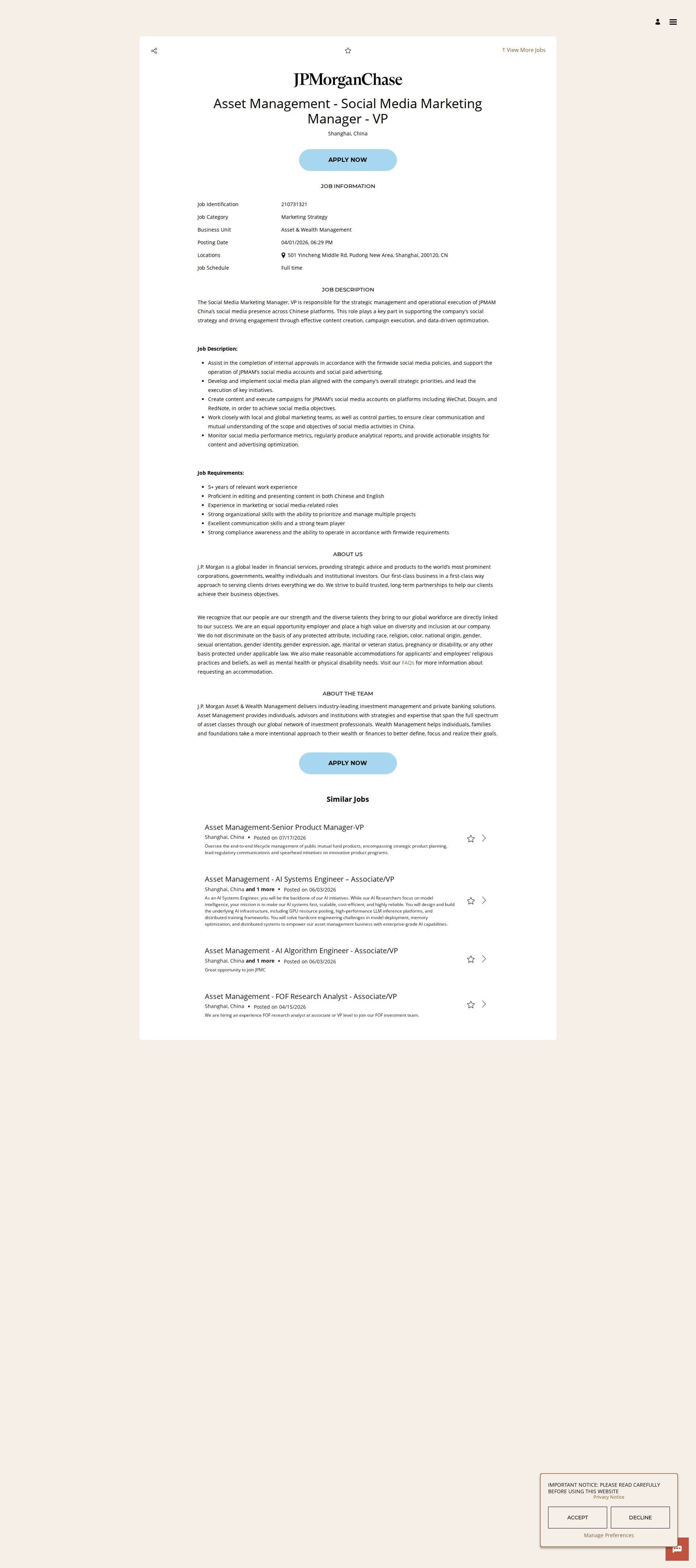 JPMorganChase Asset Management - Social Media Marketing Manager - VP 채용공고