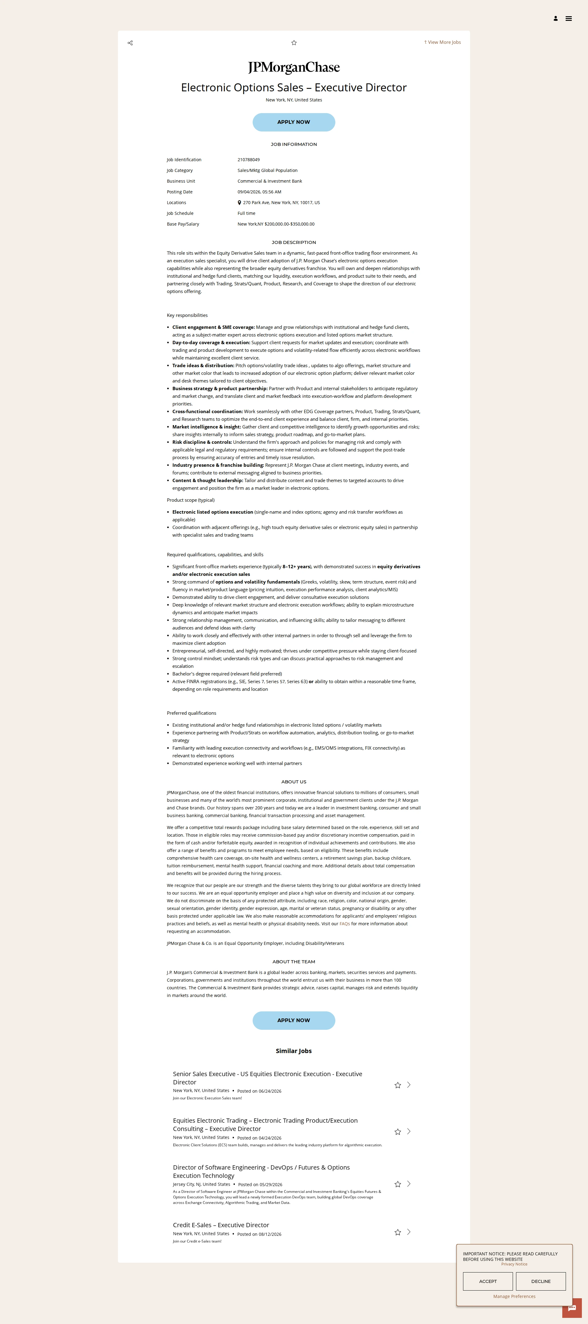 JPMorganChase Electronic Options Sales – Executive Director 채용공고