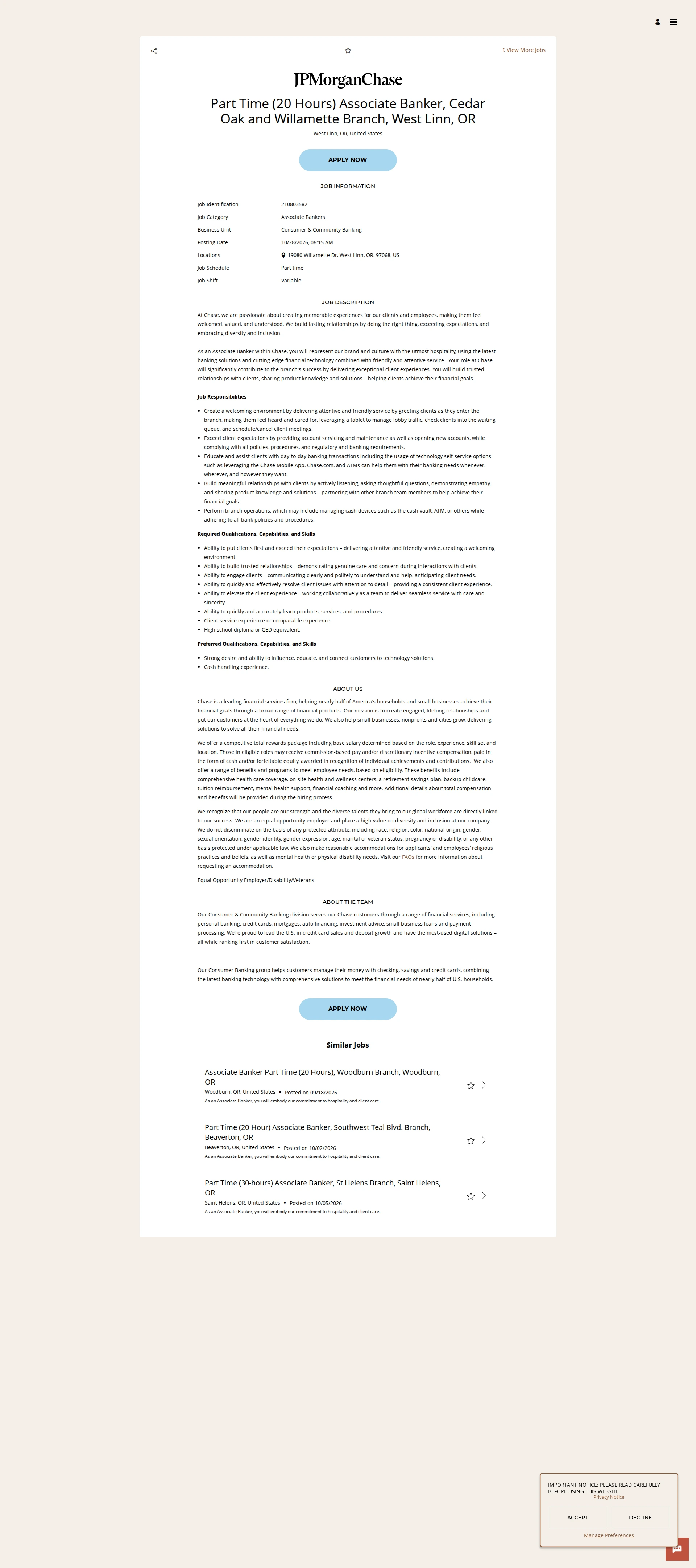 JPMorganChase Part Time (20 Hours) Associate Banker, Cedar Oak and Willamette Branch, West Linn, OR 채용공고