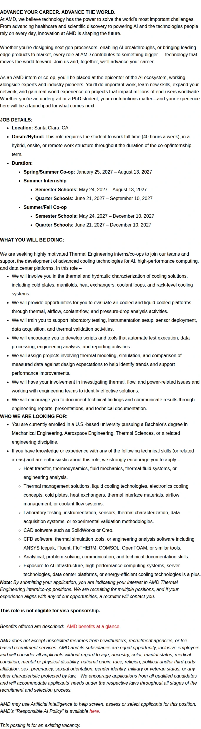 AMD 2027 Undergrad Thermal Engineering Intern/Co-Op 채용공고
