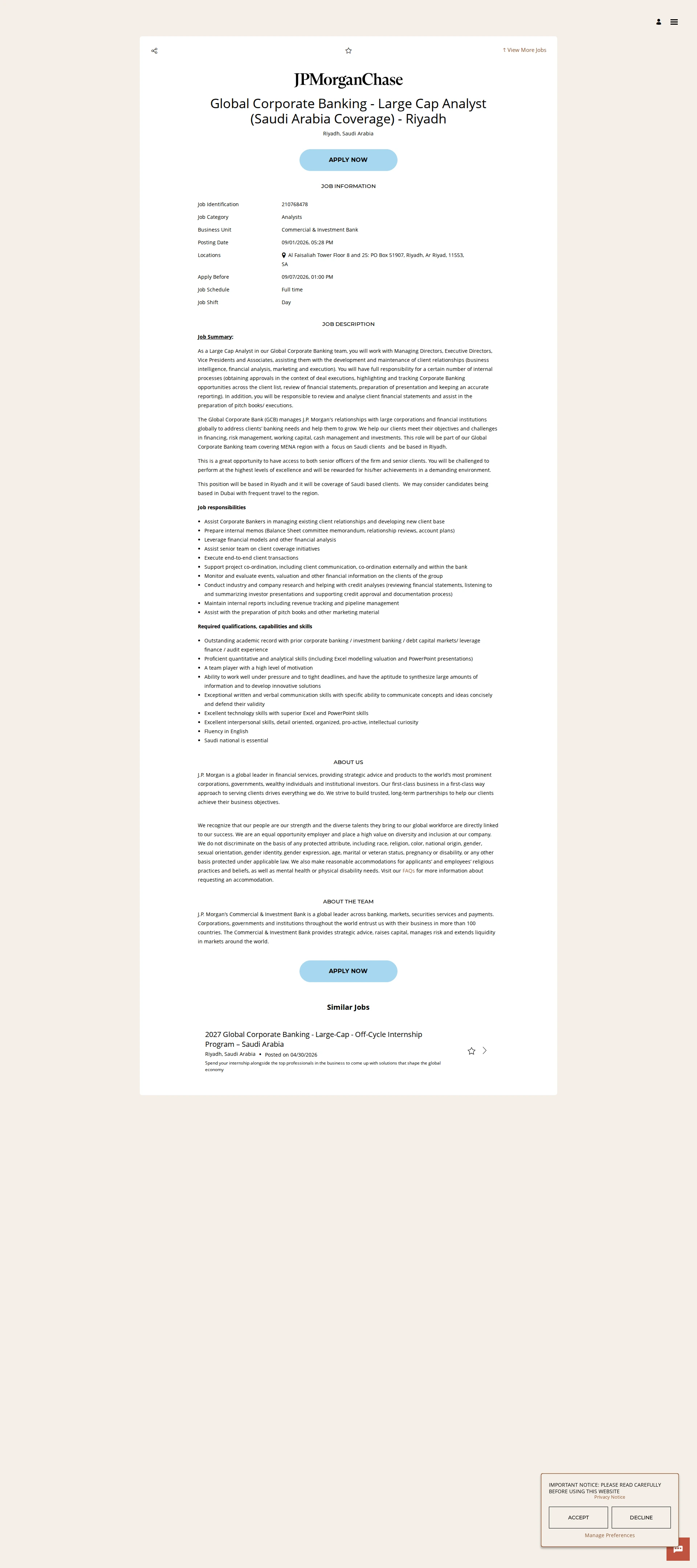JPMorganChase Global Corporate Banking - Large Cap Analyst (Saudi Arabia Coverage) - Riyadh 채용공고