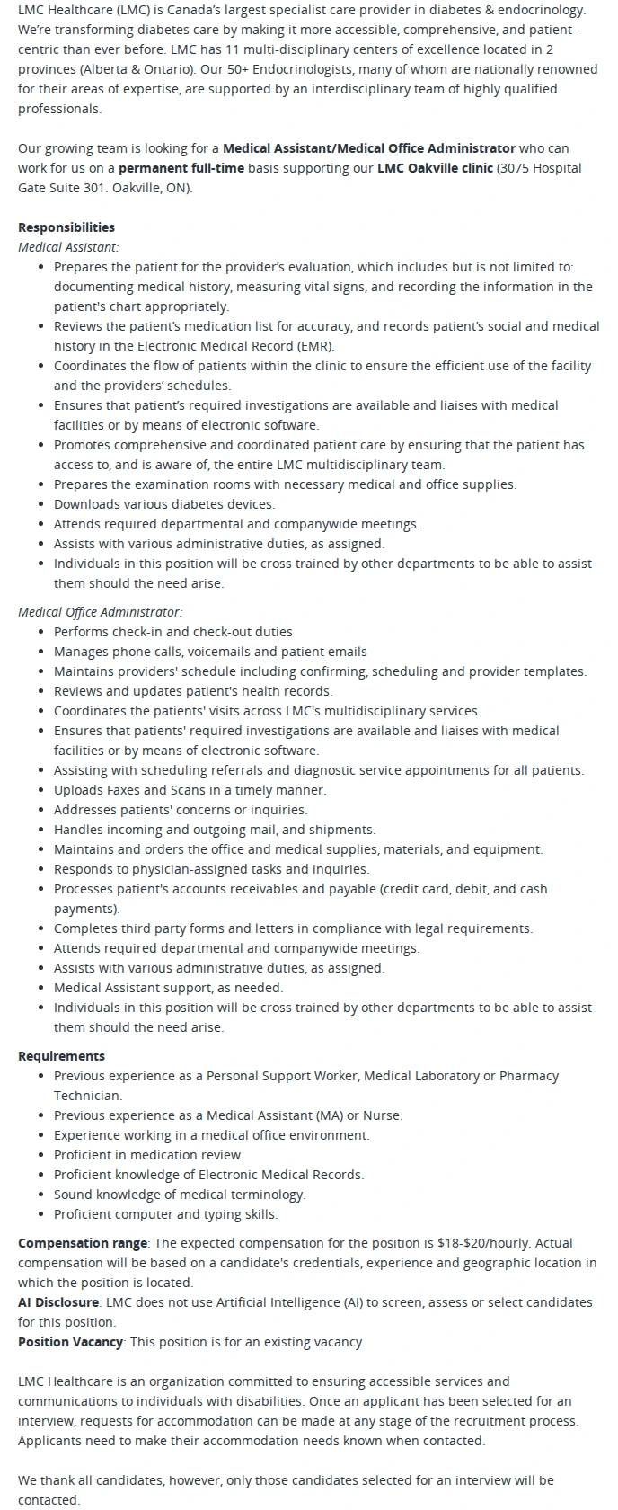 LMC Healthcare Medical Assistant/Medical Office Administrator 채용공고