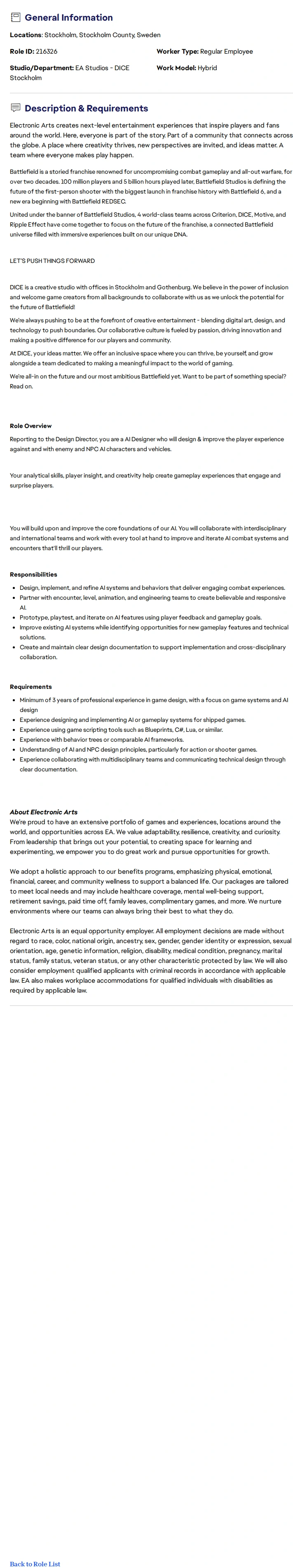 ElectronicArts Game Designer 채용공고