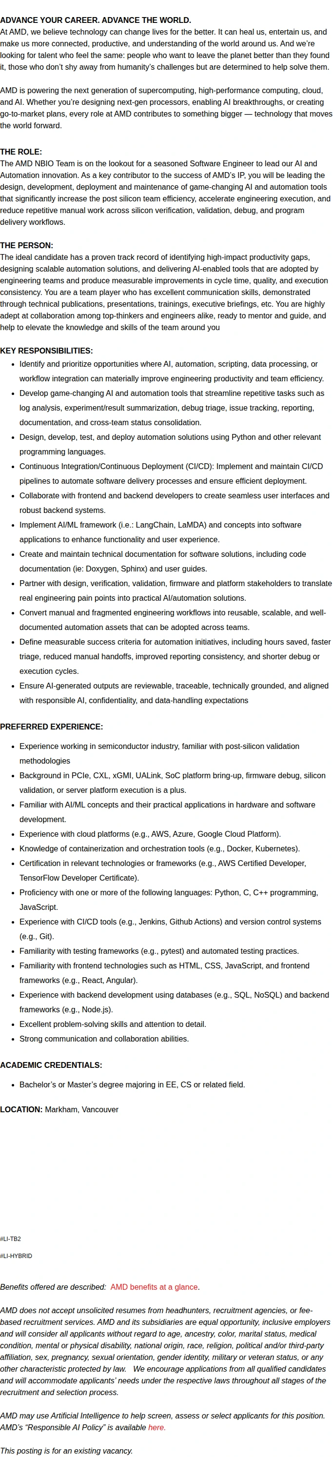 AMD AI and Automation Software Engineer 채용공고