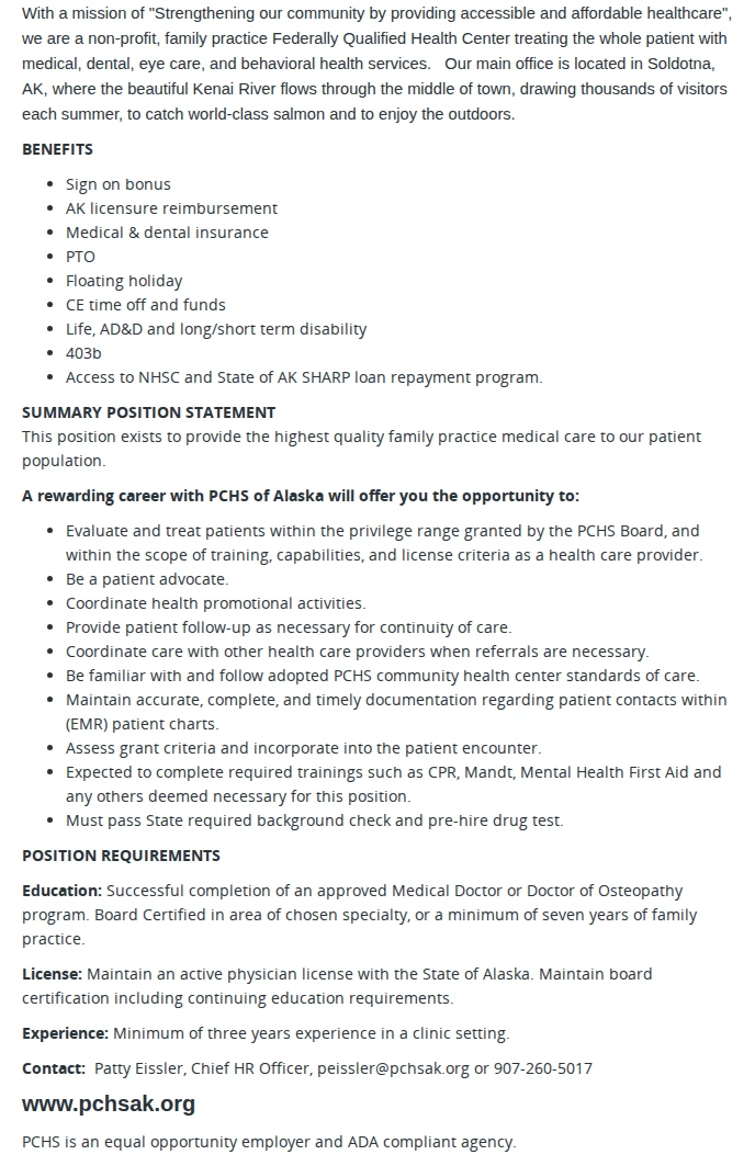 Peninsula Community Health Services of Alaska Family Physician 채용공고