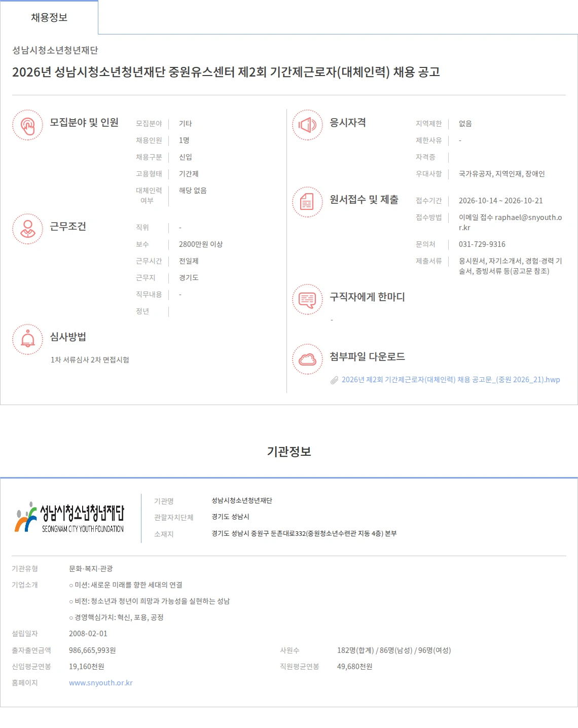 성남시청소년청년재단 2026년 성남시청소년청년재단 중원유스센터 제2회 기간제근로자(대체인력) 채용 공고 채용공고