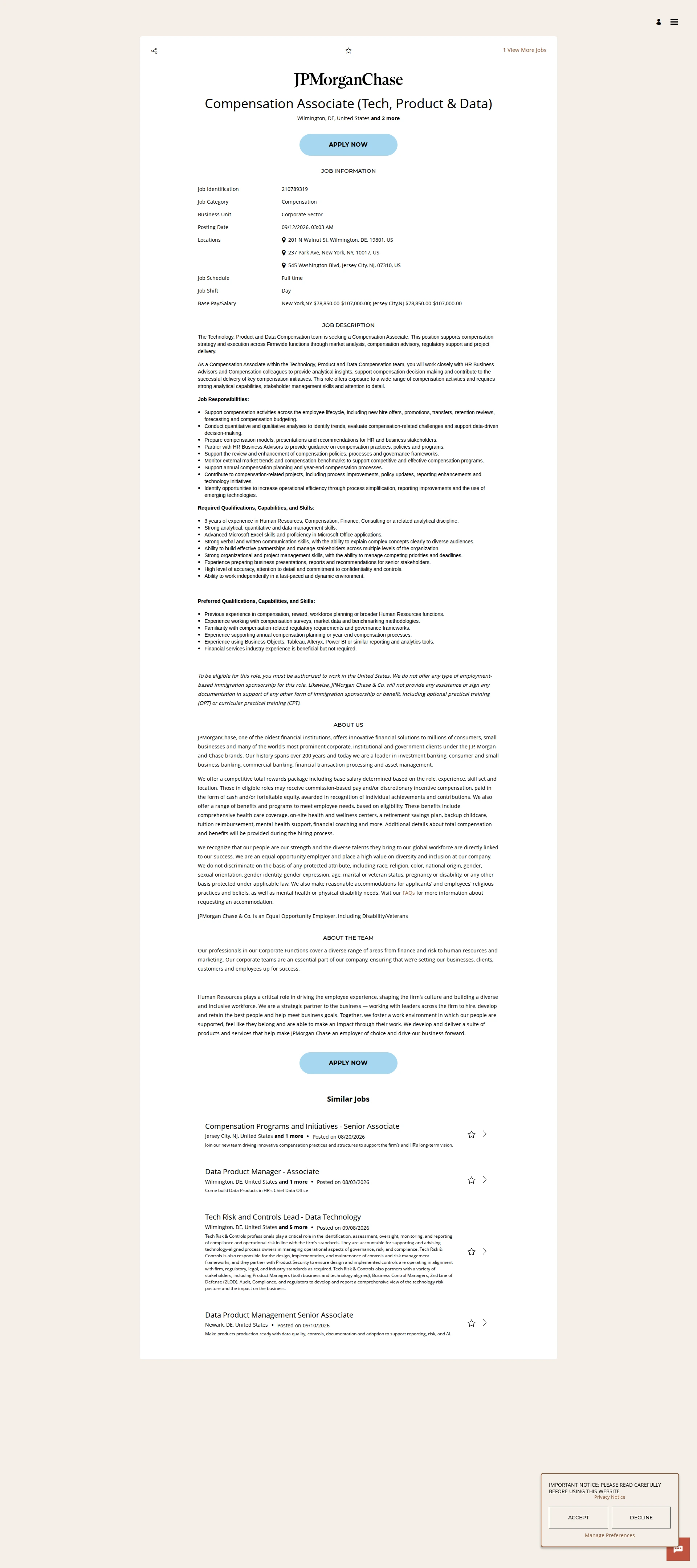 JPMorganChase Compensation Associate (Tech, Product & Data) 채용공고