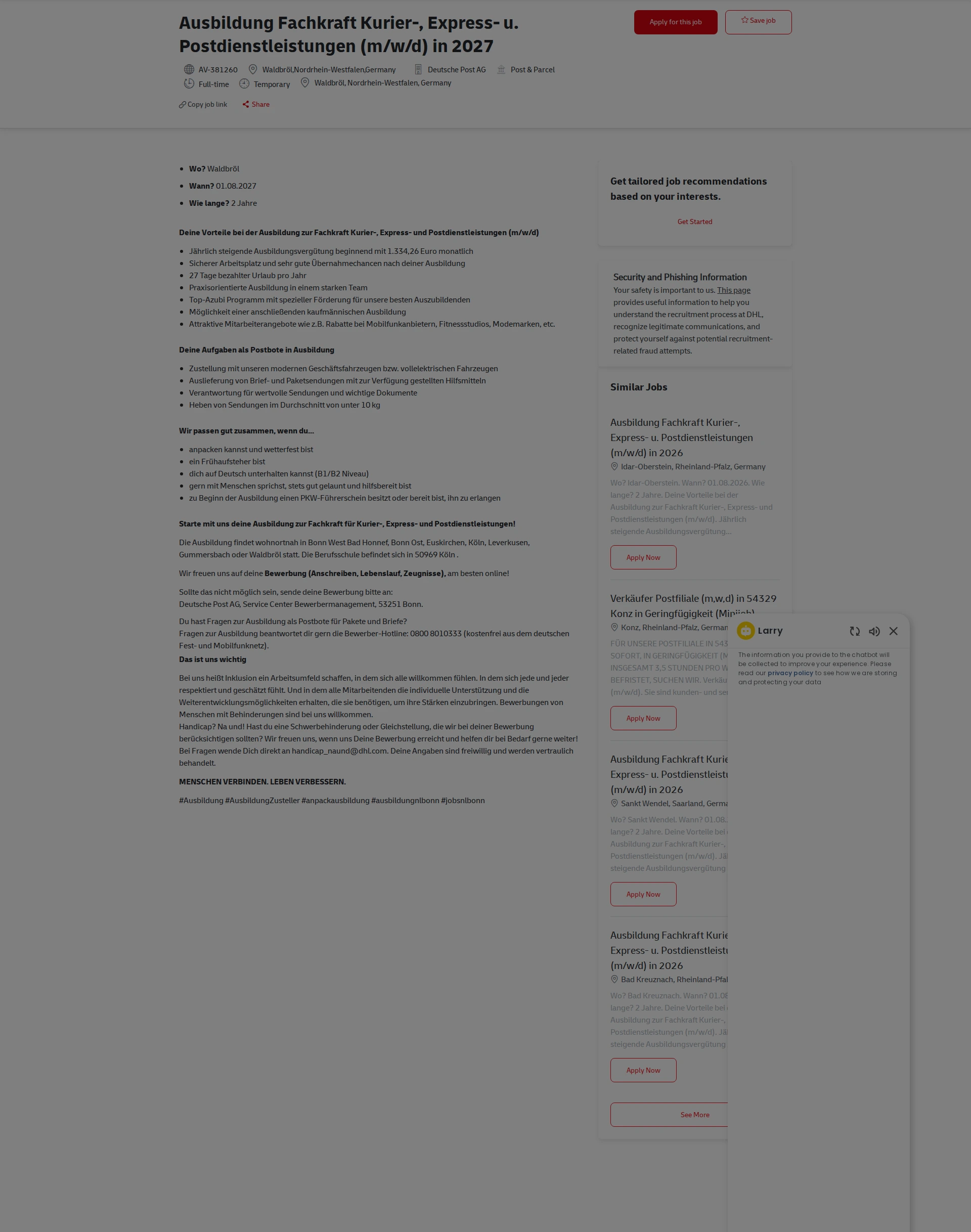 DHL Ausbildung Fachkraft Kurier-, Express- u. Postdienstleistungen (m/w/d) in 2027 채용공고
