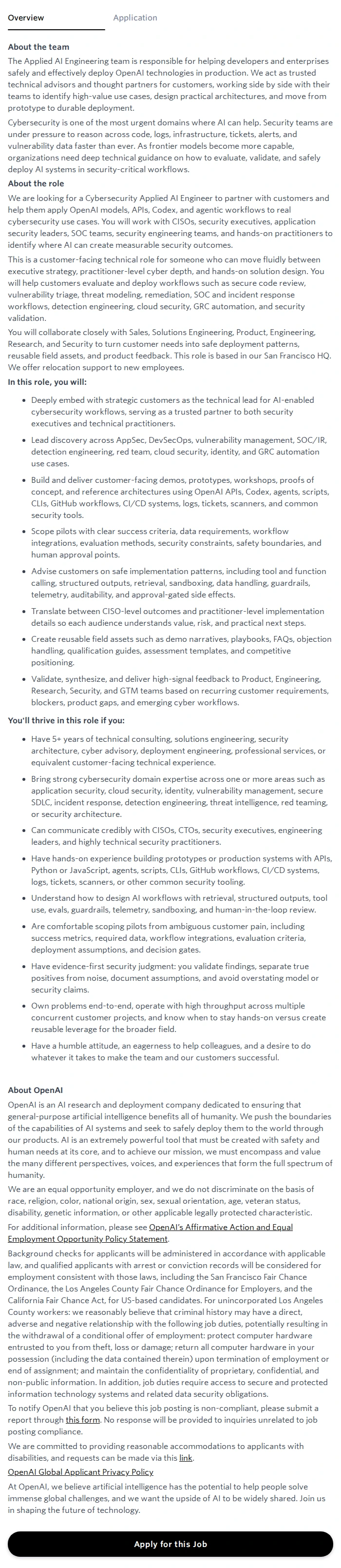 오픈에이아이(OpenAI) Applied AI Engineer, Cyber 채용공고