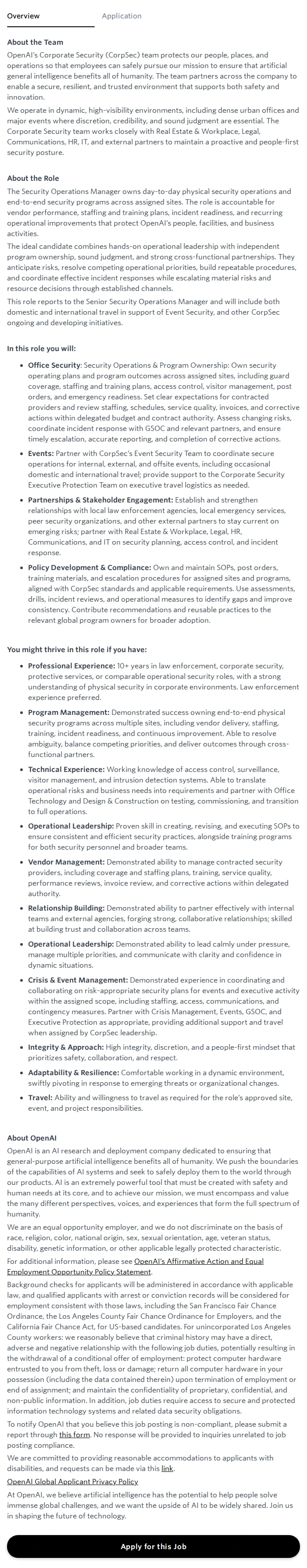 오픈에이아이(OpenAI) Corporate Security Manager - Americas 채용공고