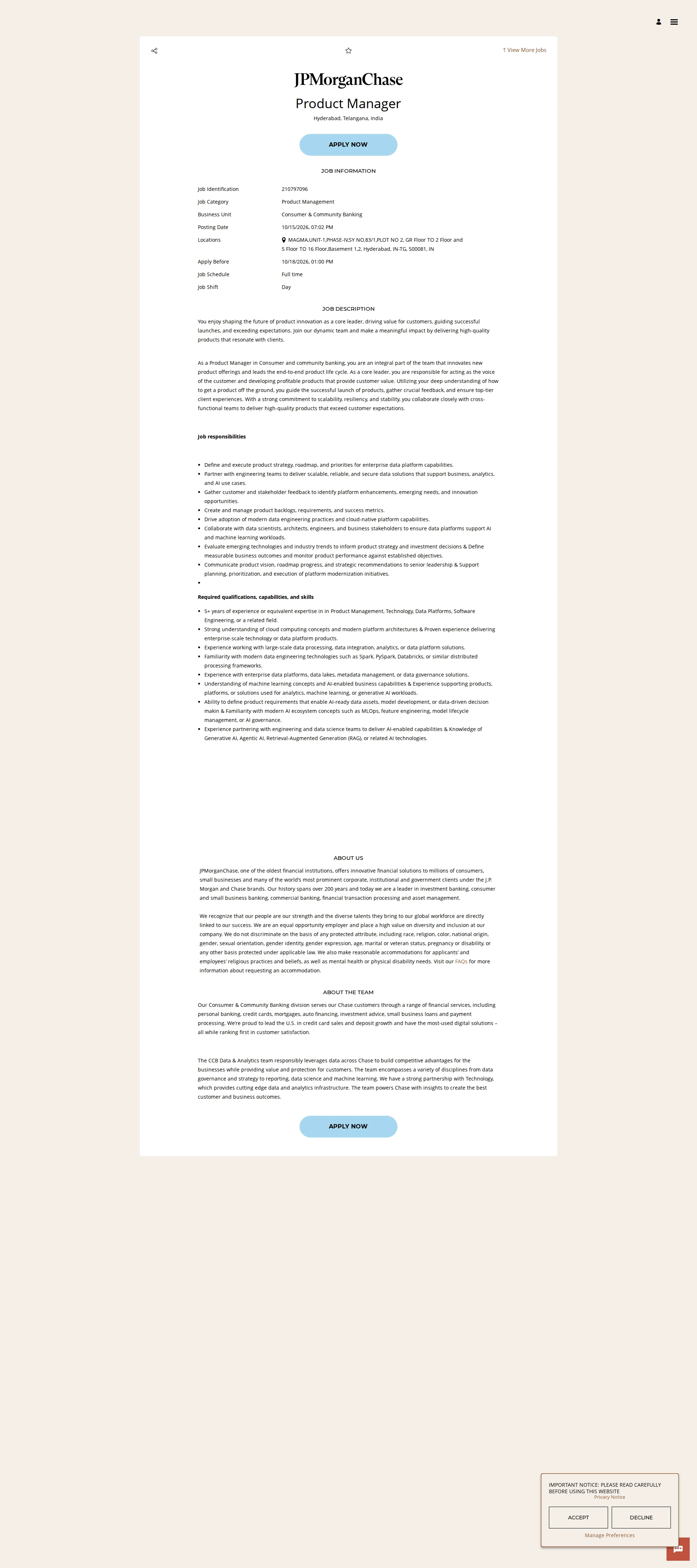 JPMorganChase Product Manager 채용공고