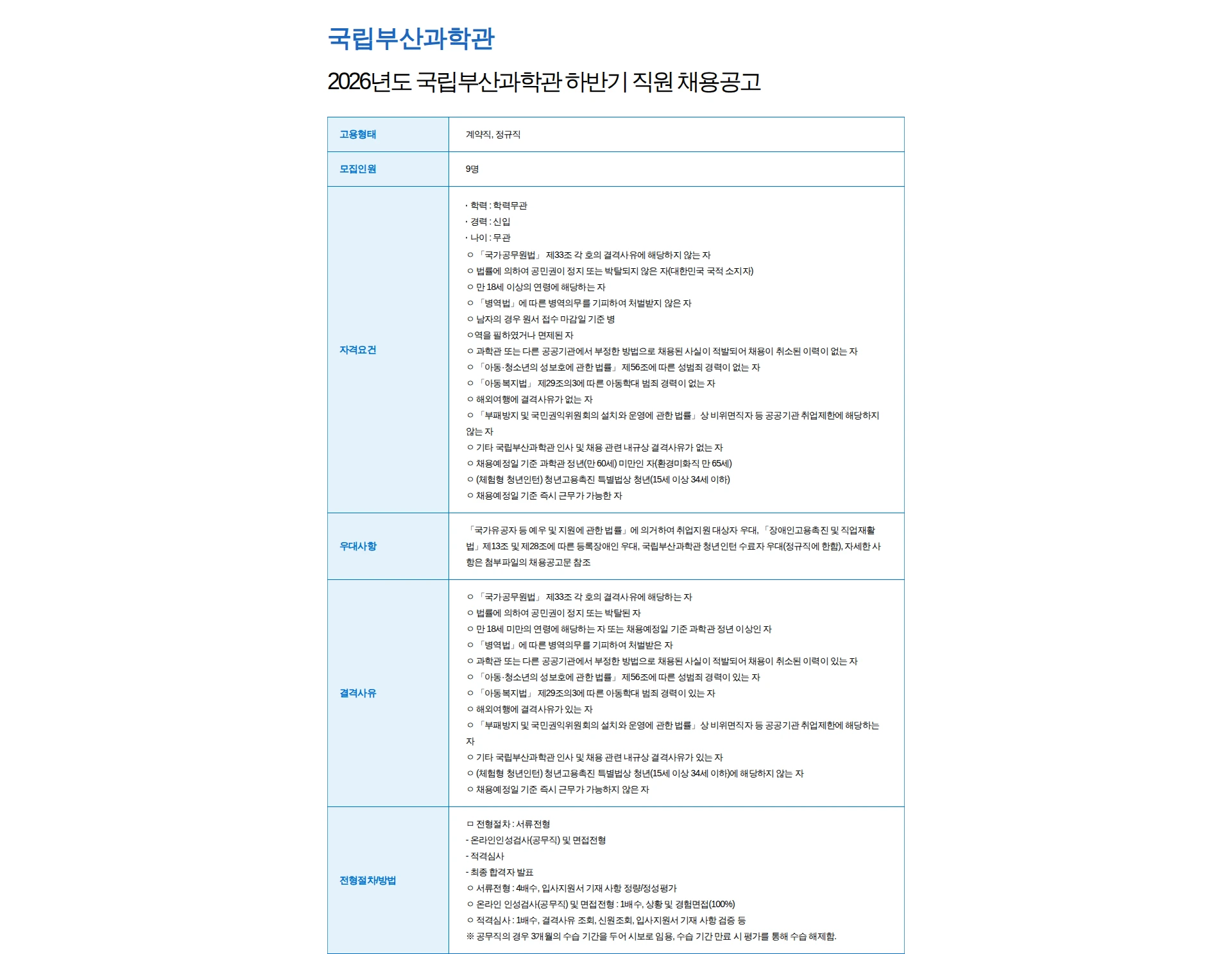 국립부산과학관 2026년도 국립부산과학관 하반기 직원 채용공고 채용공고